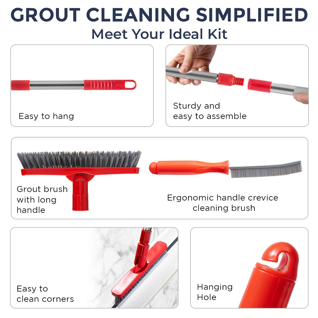 Foxtrot Living Grout Brush with Long Handle and Crevice Cleaning Brush Set
