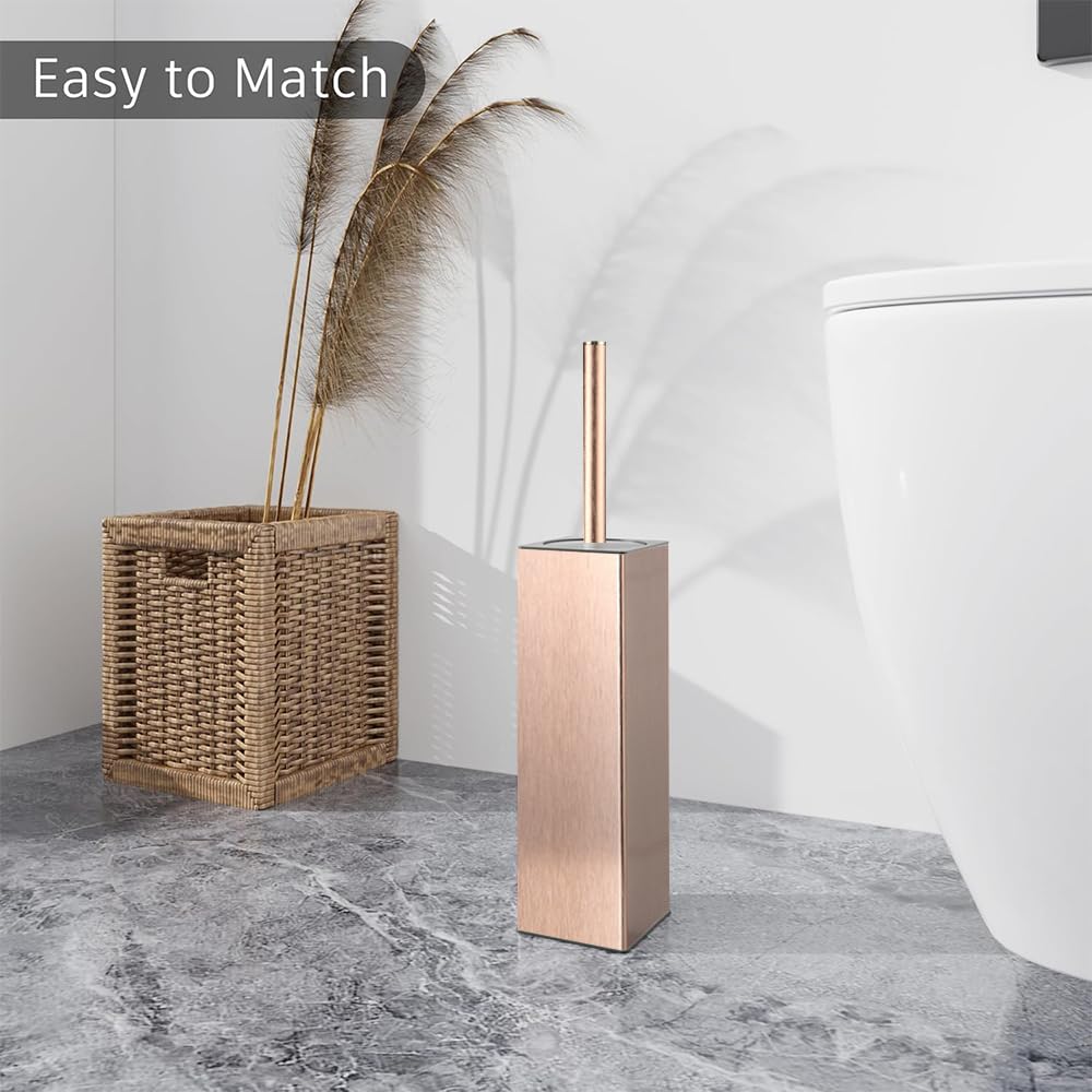 Standing Toilet Brush and Holder Rose Gold Aluminium Toilet Bowl Cleaner Brush and Holder for Bathroom Storage and Organization
