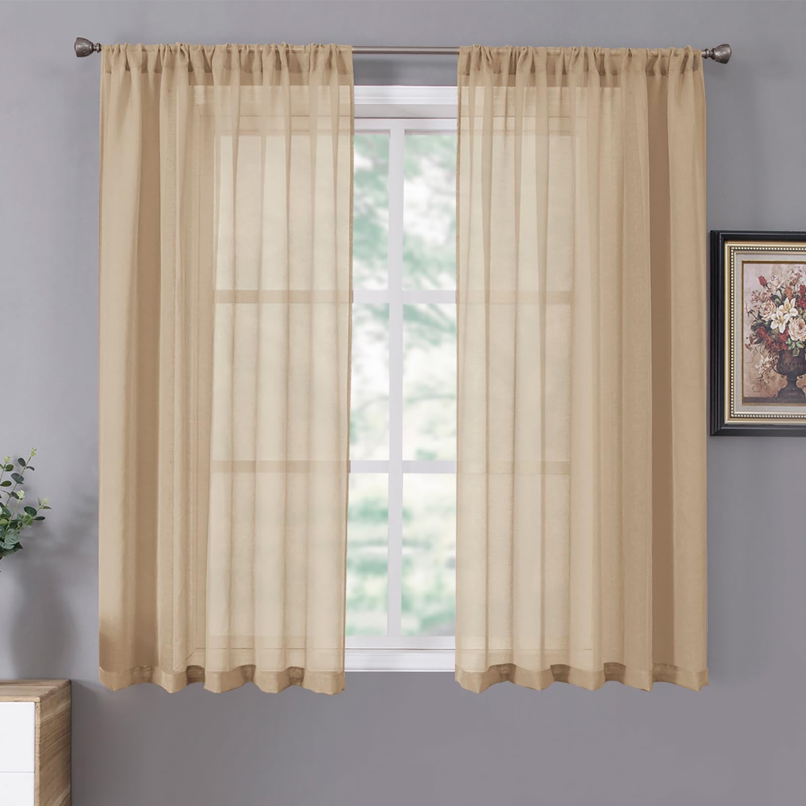 Short Sheer Curtain Living Room Linen Textured Curtains Sheer Light Filtering Voile Rod Pocket Curtain for Bedroom (2 Count)