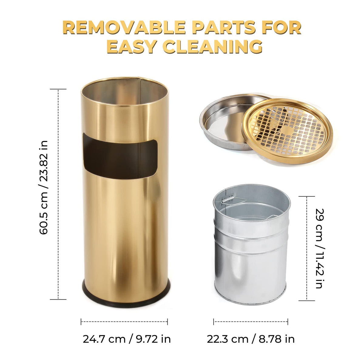 Trash Can Outdoor Waste Container Round Stainless Steel Trash Can with Removable Inner Bucket for Disposal Commercial Waste Container 9.8 x 24