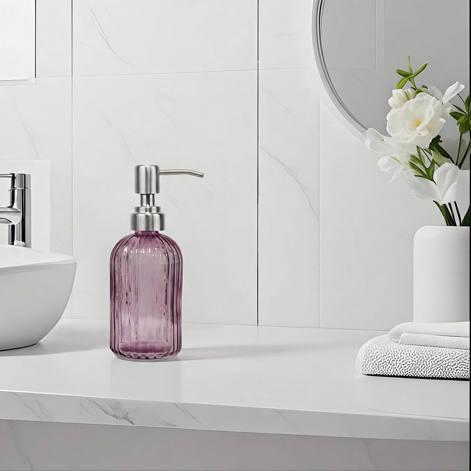 14Oz Purple Glass Soap Dispenser Bathroom