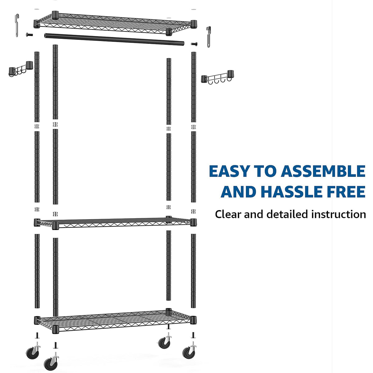Heavy Duty Rolling Garment Rack 3 Tiers Adjustable Wire Shelving Clothes Rack with Rods and Side Hooks