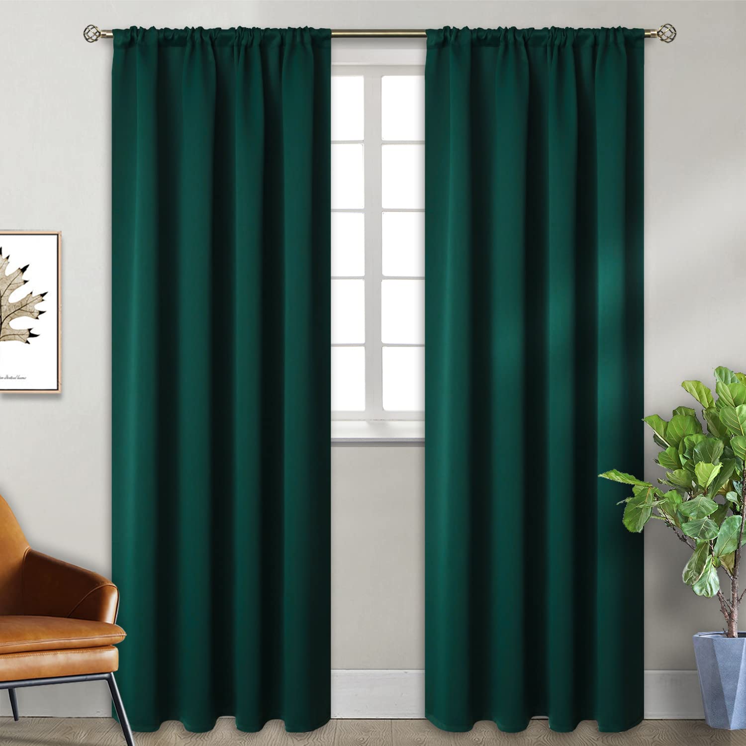 Emerald Green Blackout Curtains 90 Inch Length for Bedroom Pocket (2 Count)