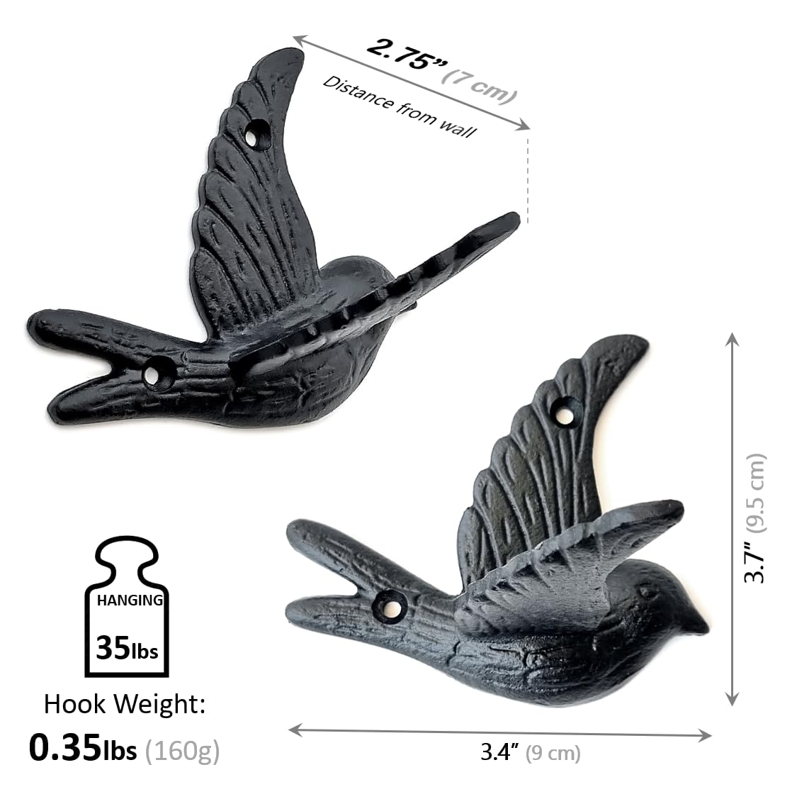 Flying Bird Iron Cast Decorative Bird Wall Mounted Coat Hooks (5 Count)