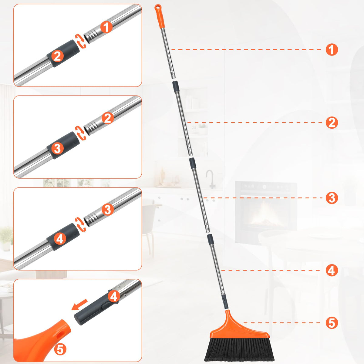 Heavy Duty Angle Broom for Floor Cleaning with 52" Long Handle Stiff Bristle Angle Commercial and Industrial Broom