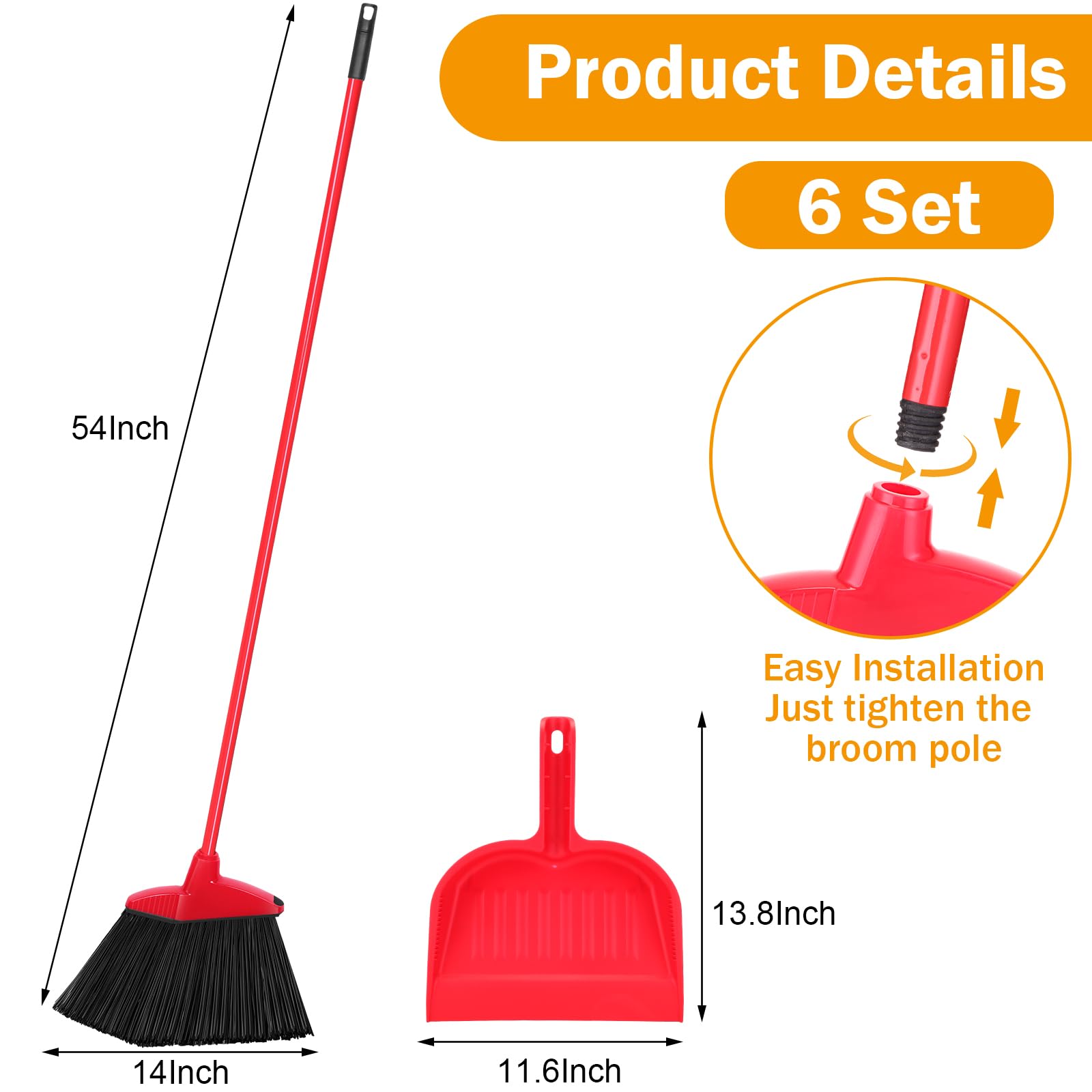 6 Pcs Broom and Dustpan Set 54 Inch Heavy Duty Indoor Brooms with Dust Pan Combo Bulk for Commercial Shop Angle Home Office Lobby Kitchen (6 Count)
