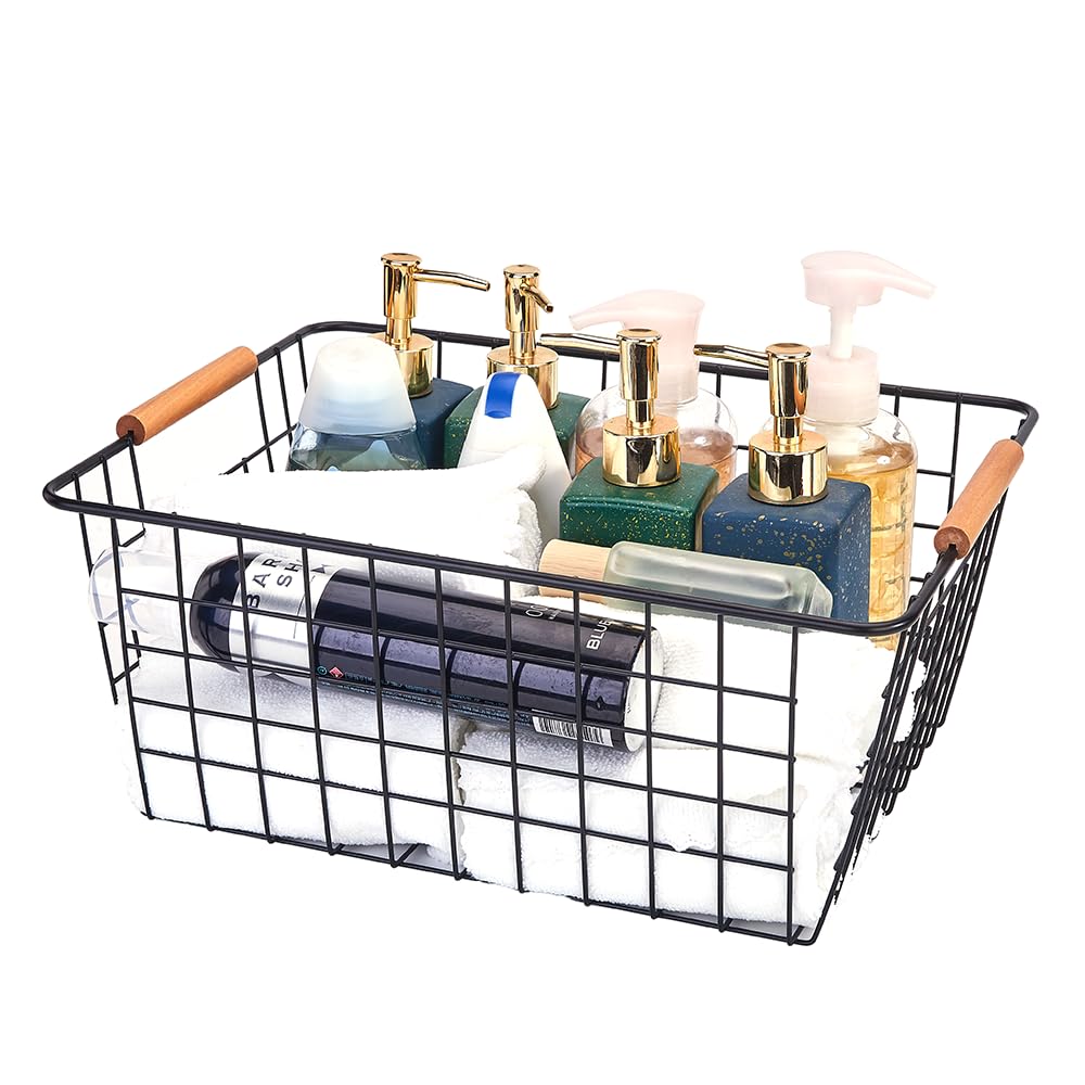 Large black wire baskets with Wooden Handles for storage pantry