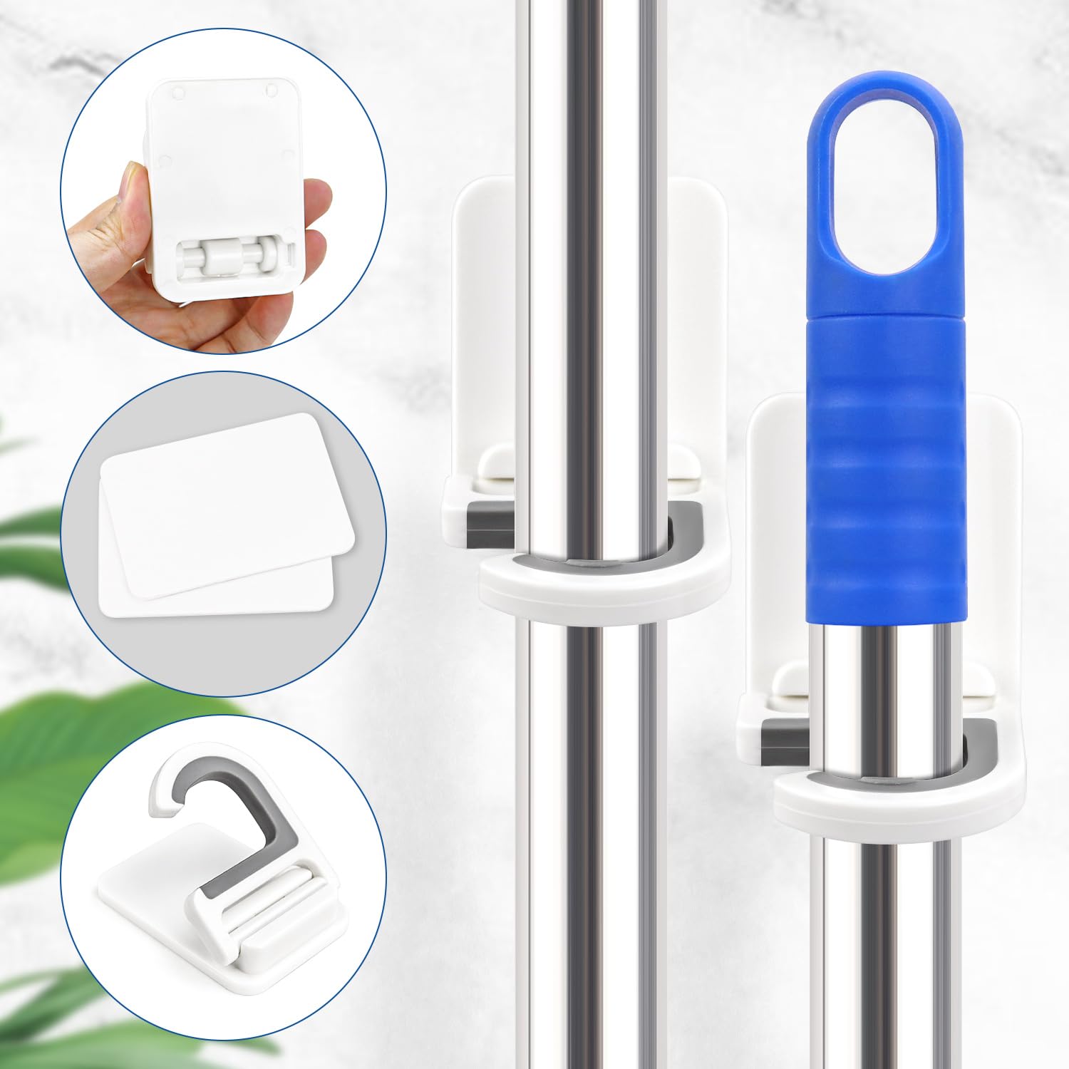 4 Pcs White Broom and Mop Holder Wall Mount Self