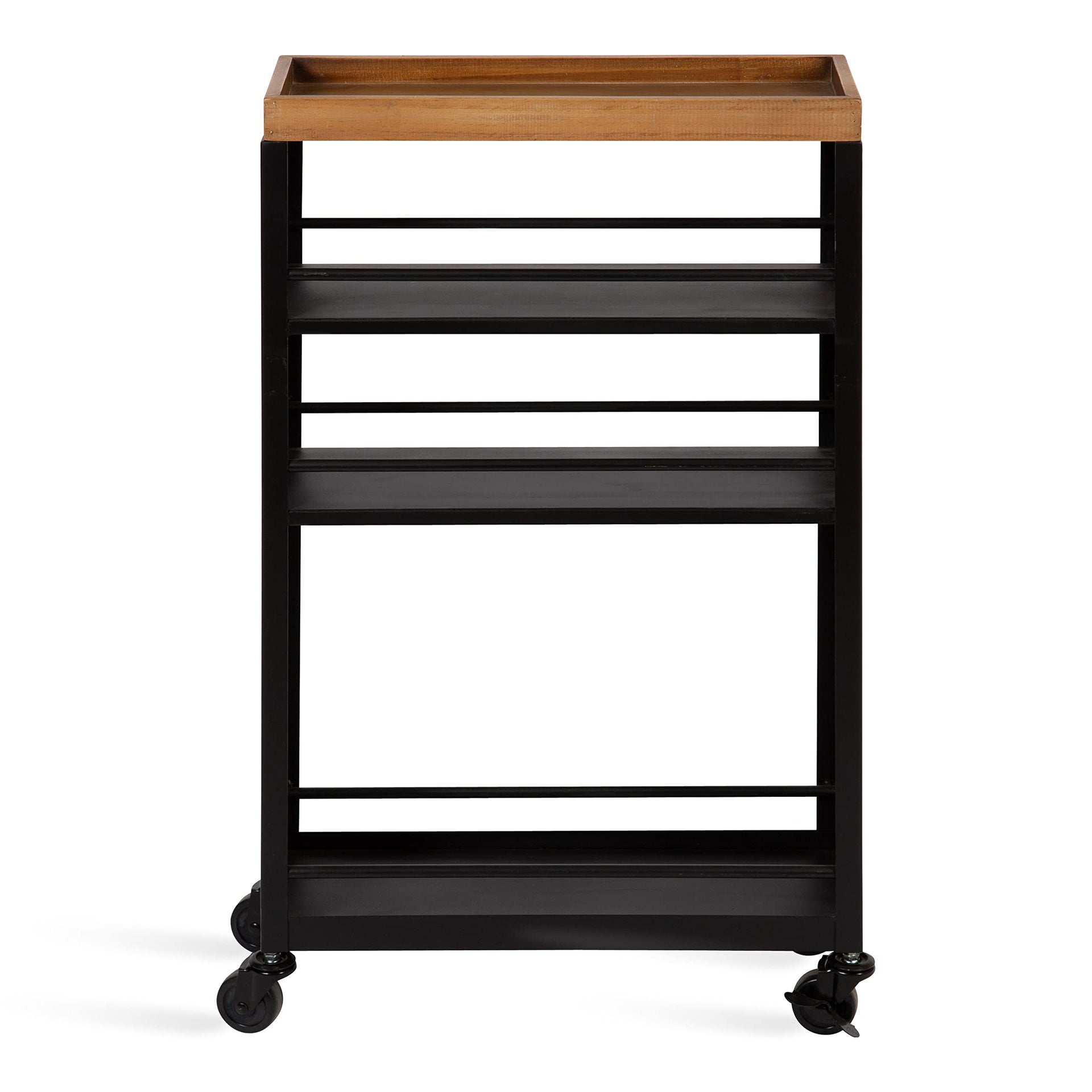 Piazza Decorative Slim Storage Cart; 18 x 7 x 30; Natural Wood and Black; Decorative Narrow Rolling Cart with Locking Wheels and Three Storage Shelves for Kitchen or Laundry Room