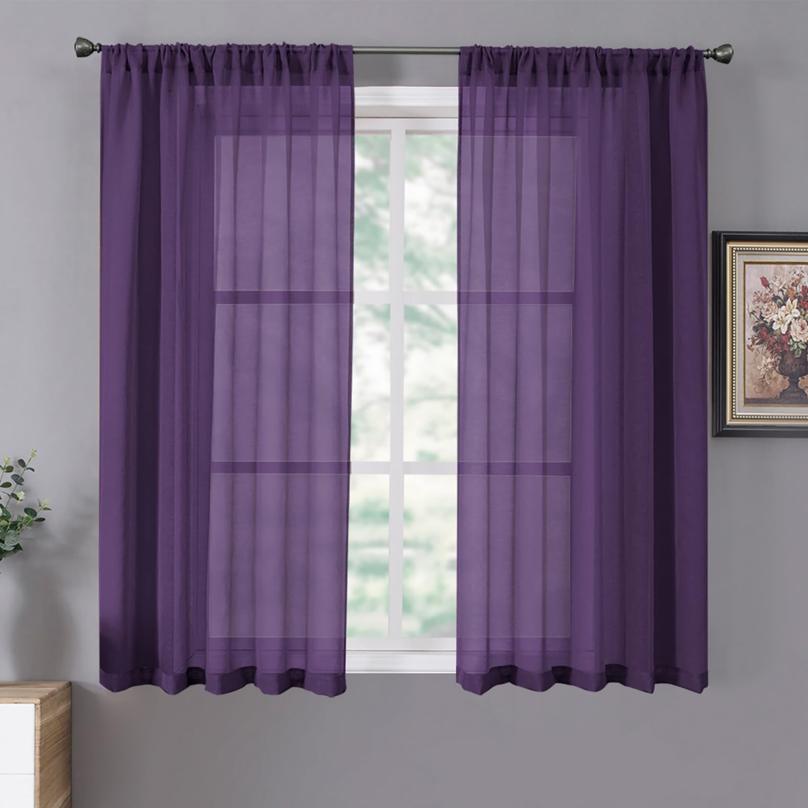 Short Sheer Curtains Living Room Linen Textured Curtain Sheers Light Filtering Voile Rod Pocket Curtains for Bedroom (2 Count)