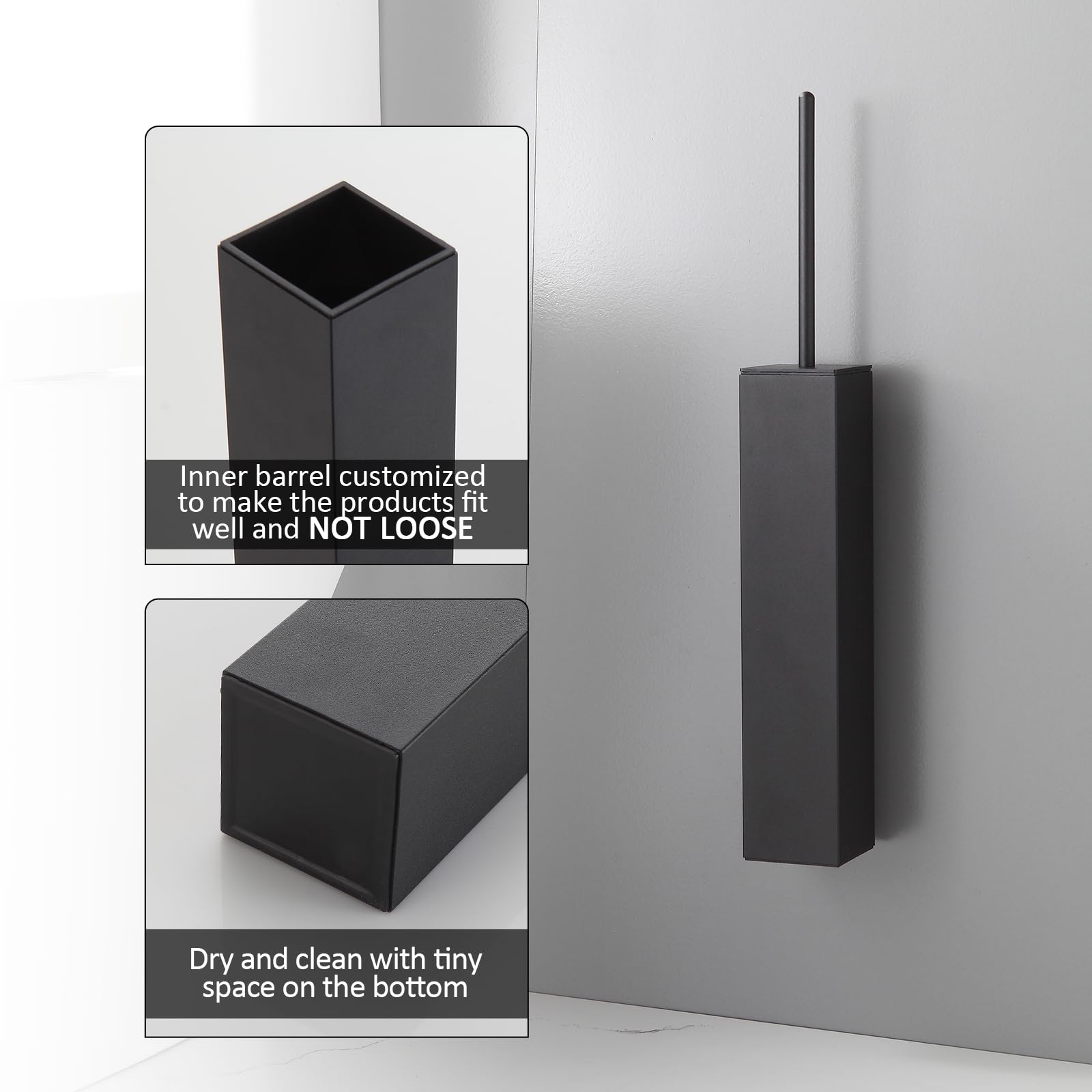 Toilet Brush and Holder Set Matte Black Wall Mounted for Bathroom Square Design