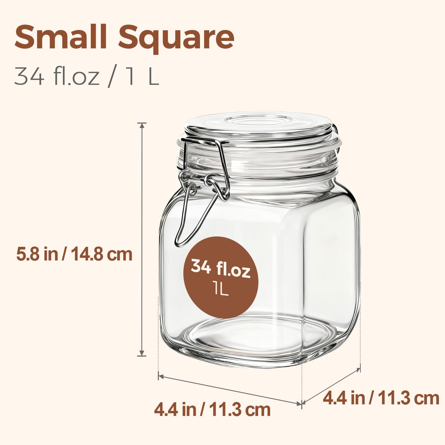 Square Glass Pantry Jars with Airtight Lids 34 oz 3 Pack Coffee (3 Count)