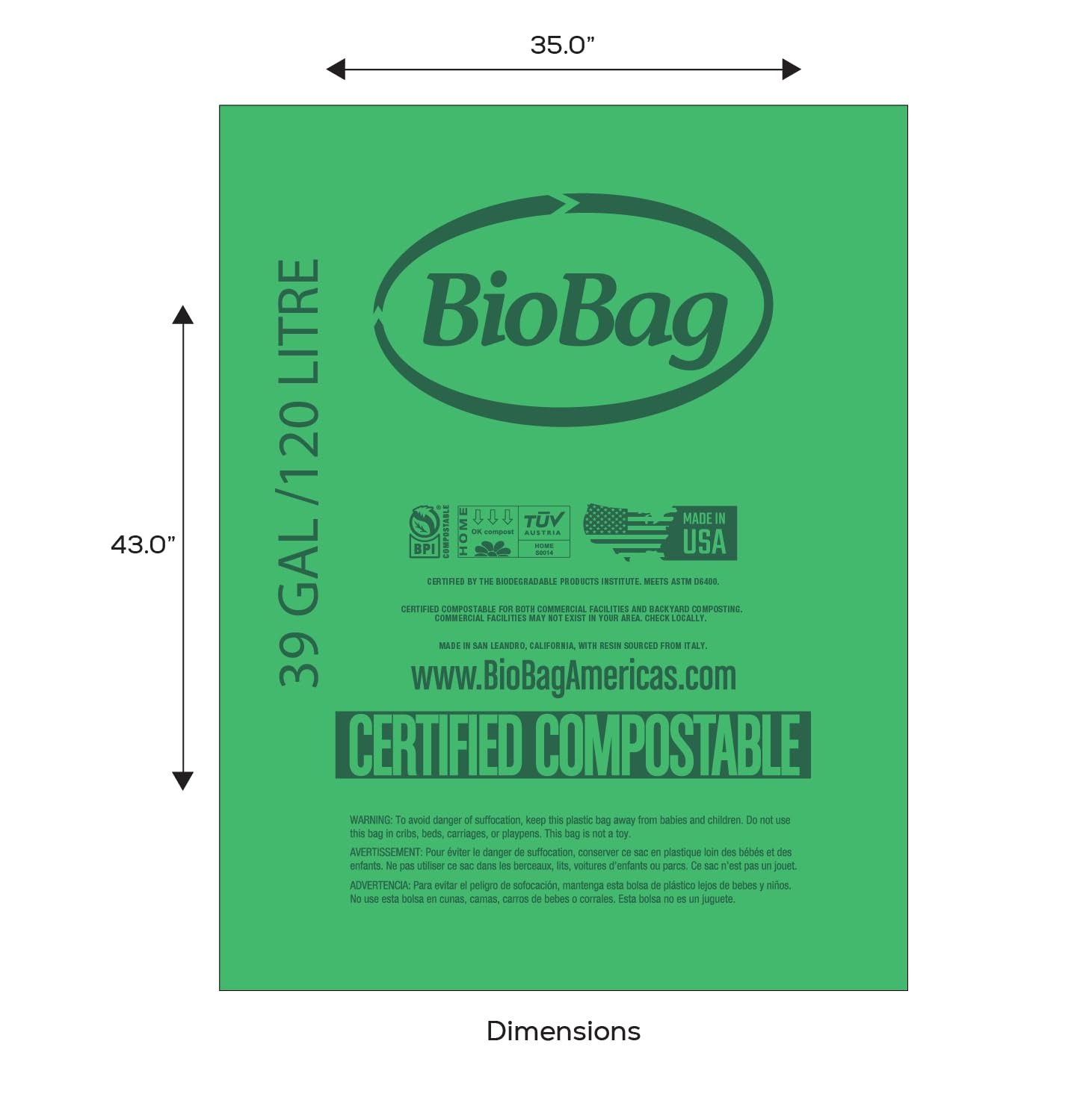 USA) The Original Compostable Bag, 39 Gallon, 120 Count, 100% Certified Compostable Trash Bag Liners for Food Waste, Extra Strong and Durable, Trash Bag