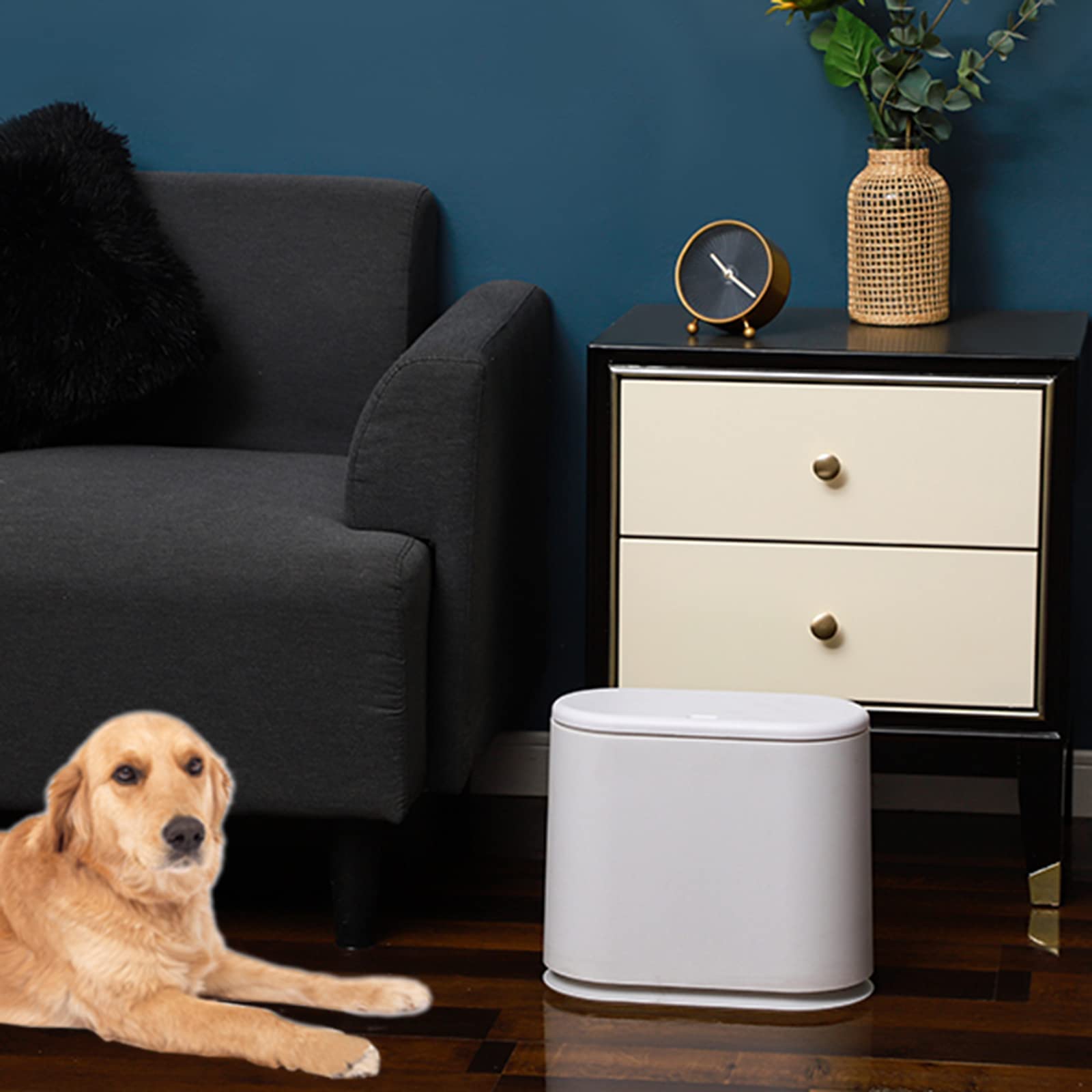 White Slim Bathroom Trash Can with Press Top Lid