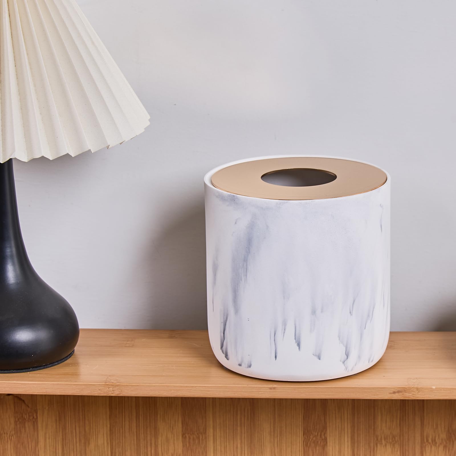 White Marble Textural Mini Trash Can with Rose Gold Stainless Steel Lid
