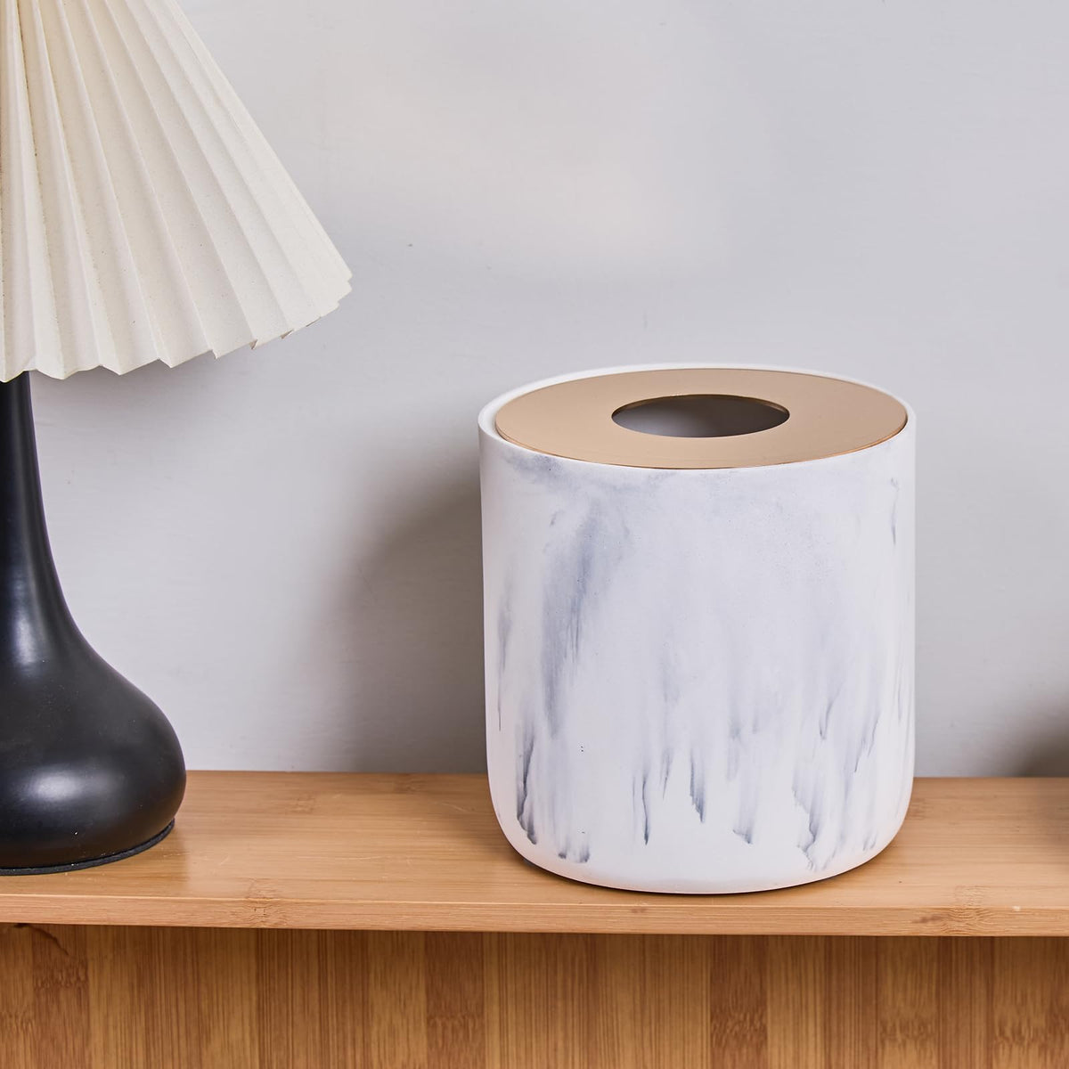 White Marble Textural Mini Trash Can with Rose Gold Stainless Steel Lid