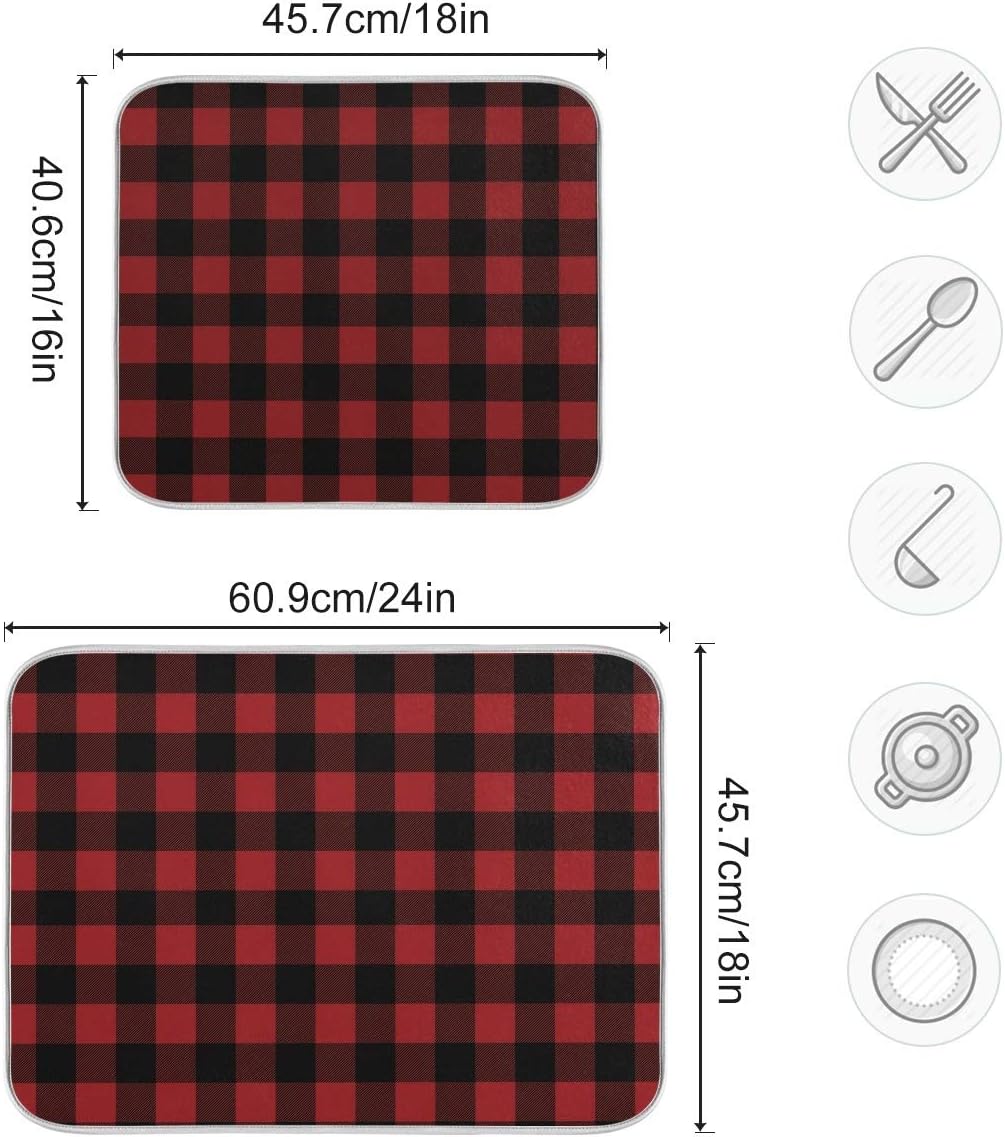 Red and Black Buffalo Plaid Dish Drying Mat 16x18 for Kitchen Merry Christmas Winter Xmas Dishes Pad Dish Drainer Rack Mats Absorbent Fast Dry Kitchen Accessories
