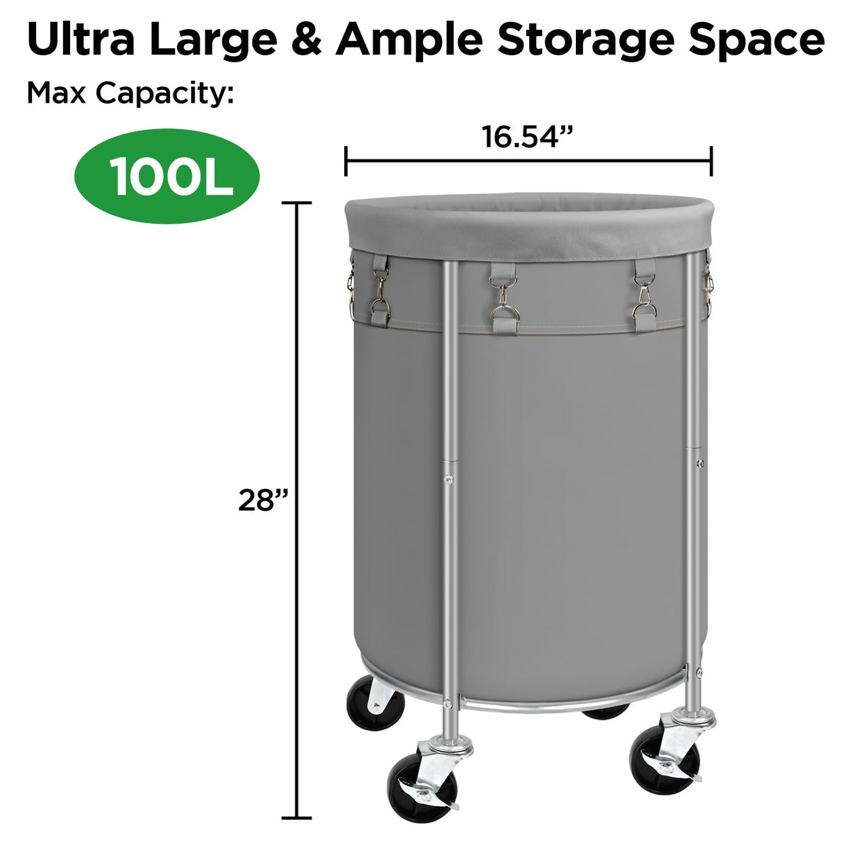 100L Round Rolling Laundry Hamper Basket with Wheels