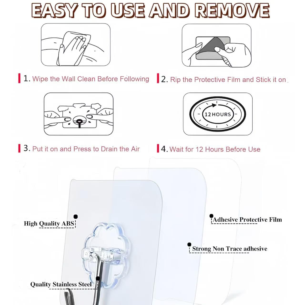 100 Pack Heavy Duty Self Adhesive Hooks 50 lbs Transparent Reusable Sticky Wall Hooks for Hanging Waterproof Adhesive Hooks for Kitchen (100 Count)