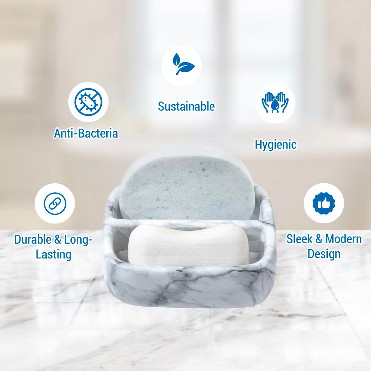 5.4 Inch Deluxe Modern White Marble Pattern Resin Double Sponge Holder