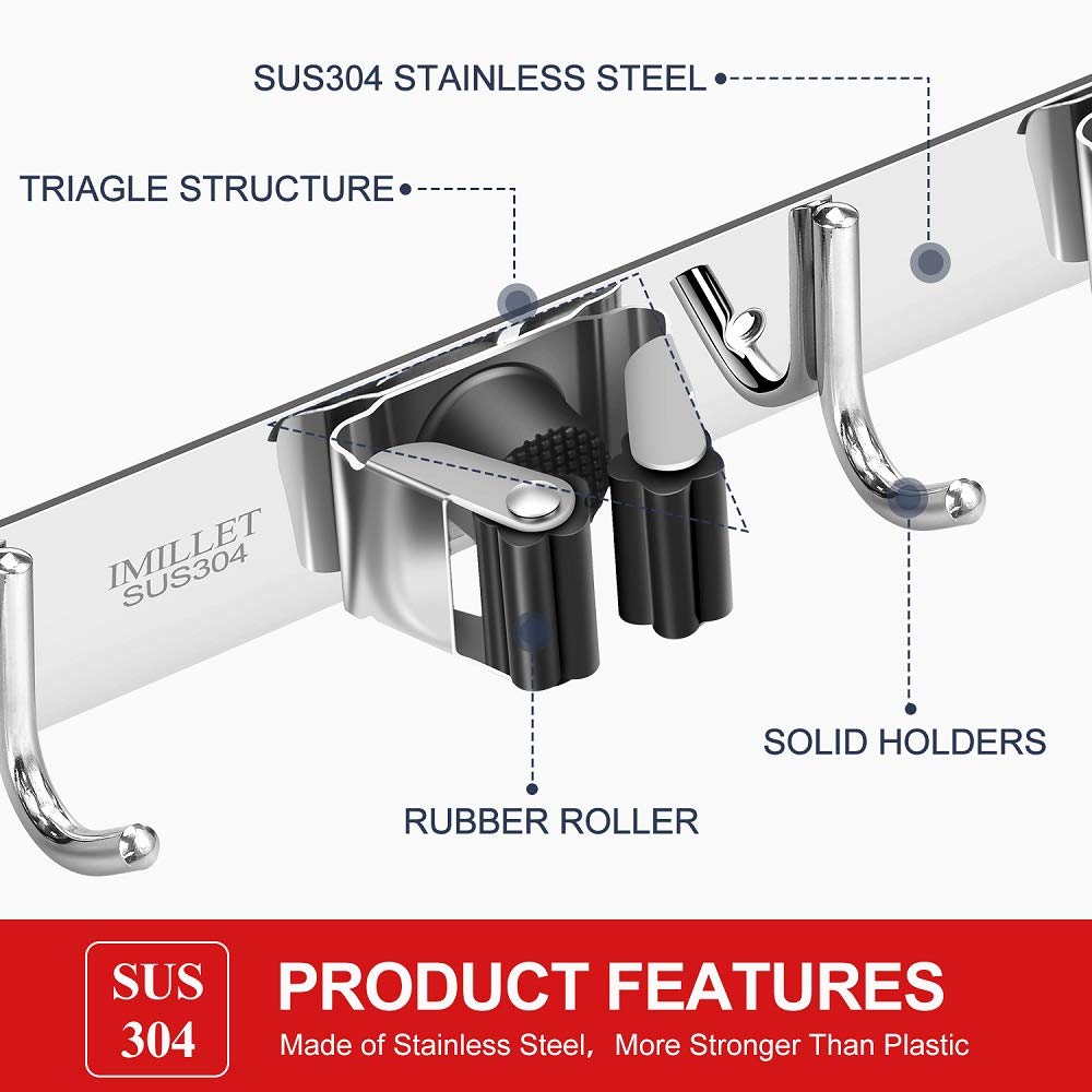 2 Pack Broom Holder Wall Mount Stainless Steel Mop Organizer (2 Count)