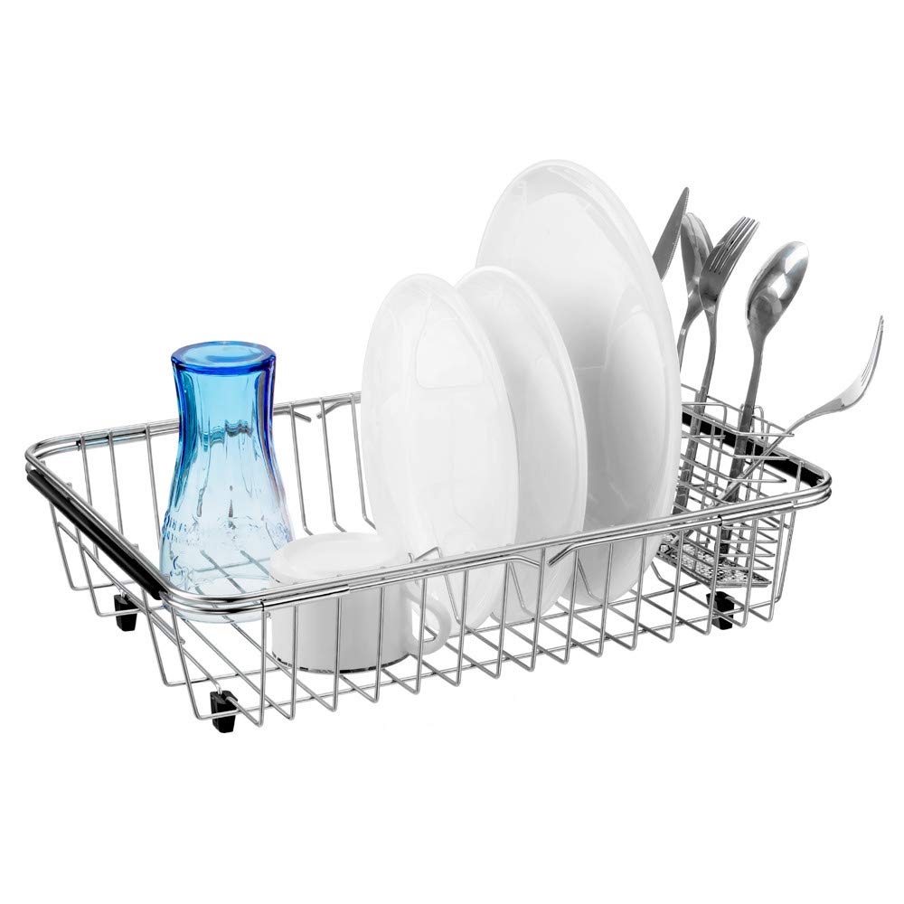 Dish Drying Rack with Stainless Steel Utensil Holder Large Dish Rack Drainer Drain Expandable Shelf Dish Rack in Sink or Over Sink or On Counter Rustproof Stainless Steel