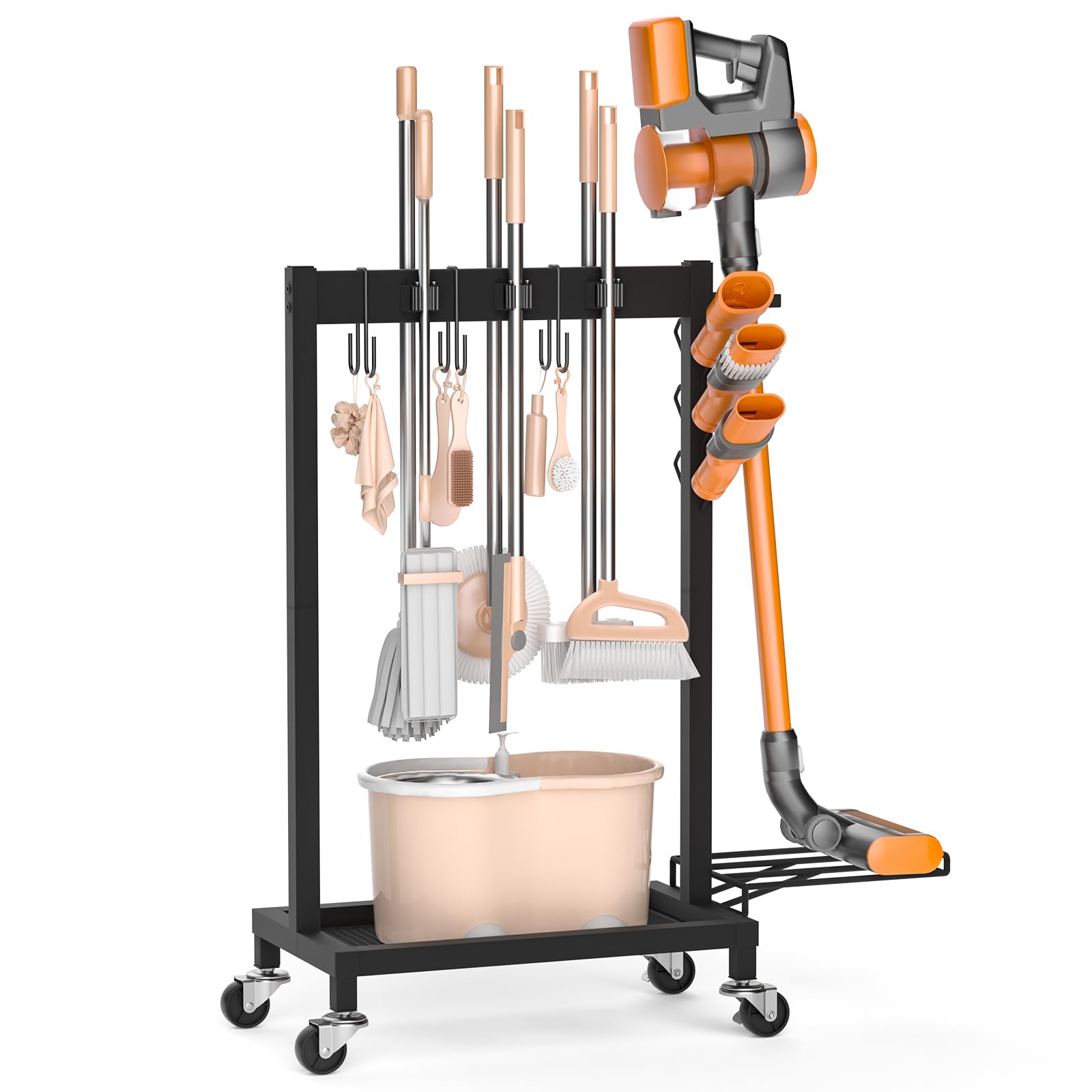 Broom Holder with Cleaning Supplies Organizer