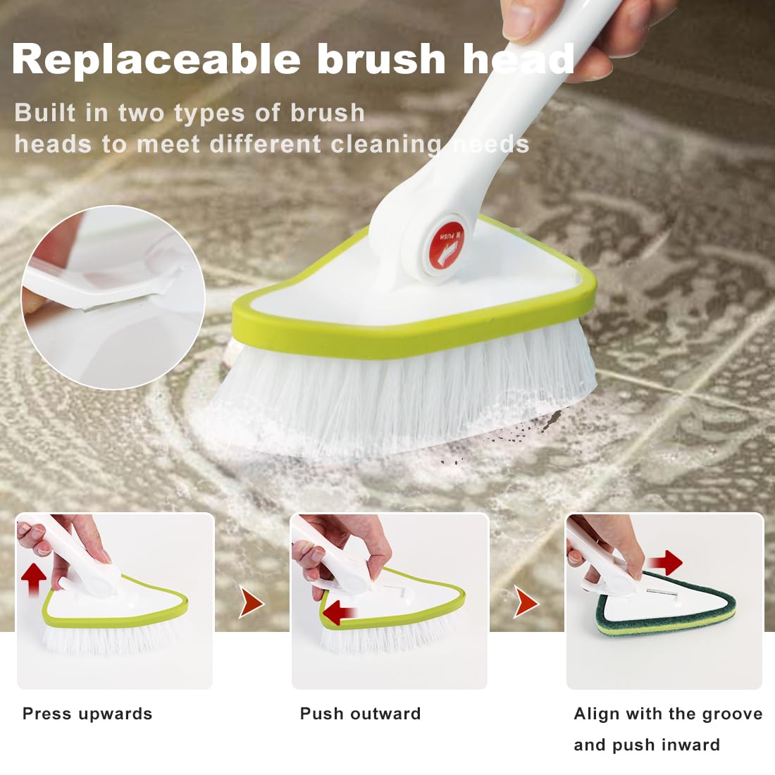 2 in 1 Bathroom Cleaning Brush with 48" Extendable Long Handle Detachable Scrub Brush 2 Scrubber Heads and 2 Scouring Pad Head for Bathroom Bathtub Floor Cleaning (4 Count)