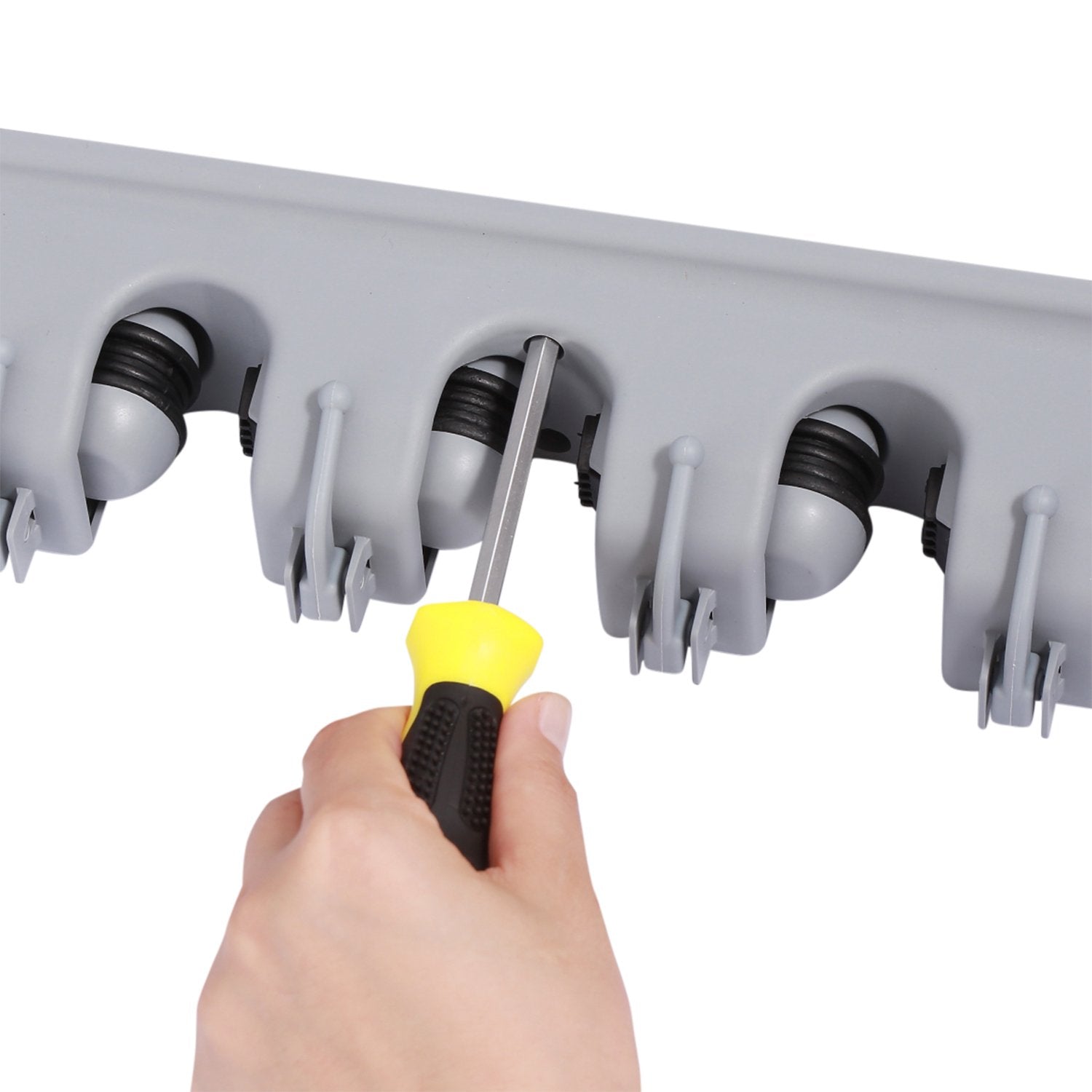Mop and Broom Holder Wall Mounted 4 Position Storage Rack with 5 Retractable Hooks Holds up to 9 Tools Utility Weatherproof Holder for Garage Storage Systems Broom Organizer