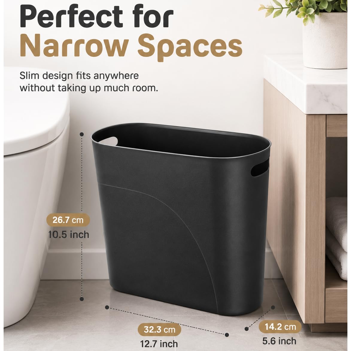 Small Trash Can Plastic Bathroom Wastebasket 3.2 Gallon Slim Garbage Container Bin with Handle for Home Kitchen Bathroom Bedroom Office (2 Count)
