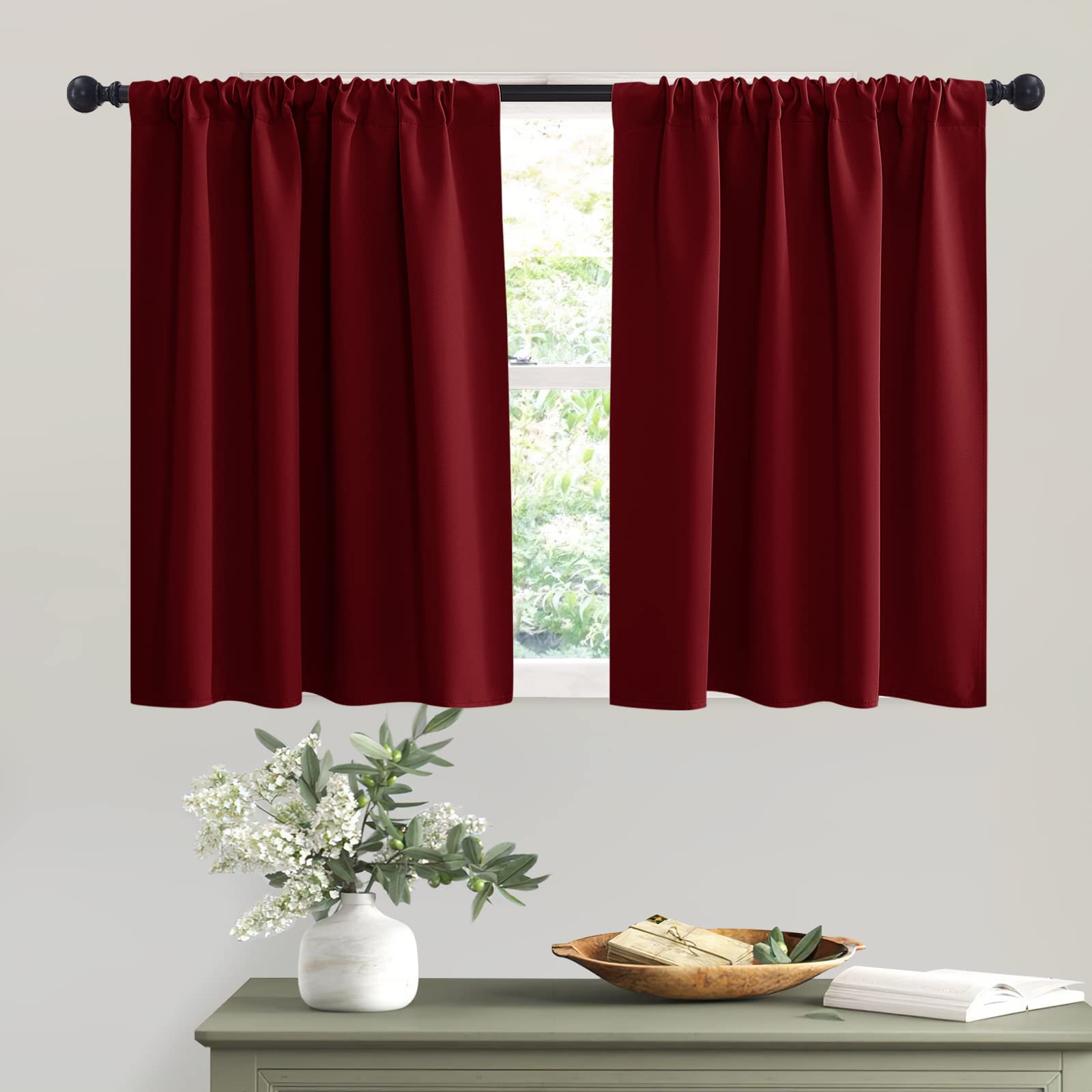 Short Burgundy Red Blackout Curtains for Small Bedroom Window Cafe