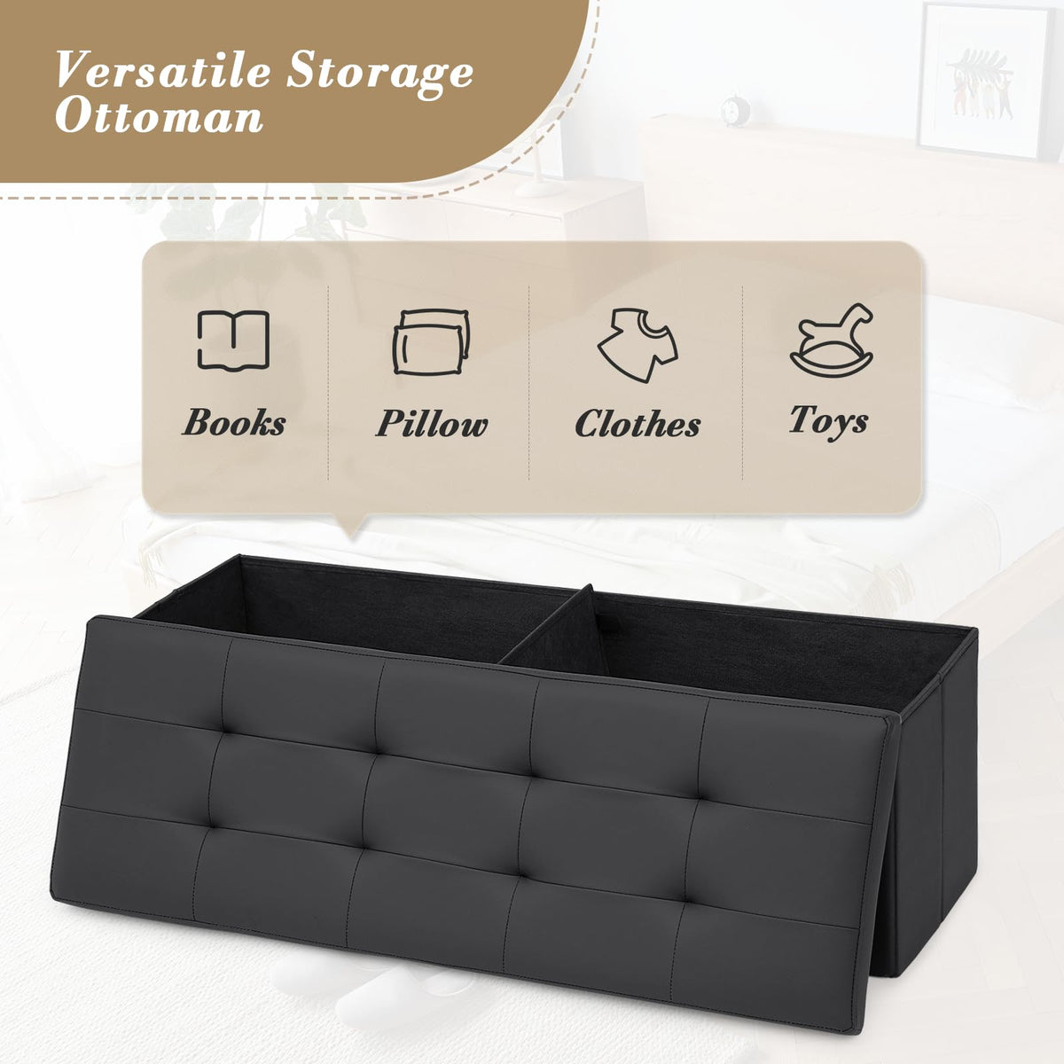 43" Storage Ottoman Bench Folding Bench with 130L Hidden Storage