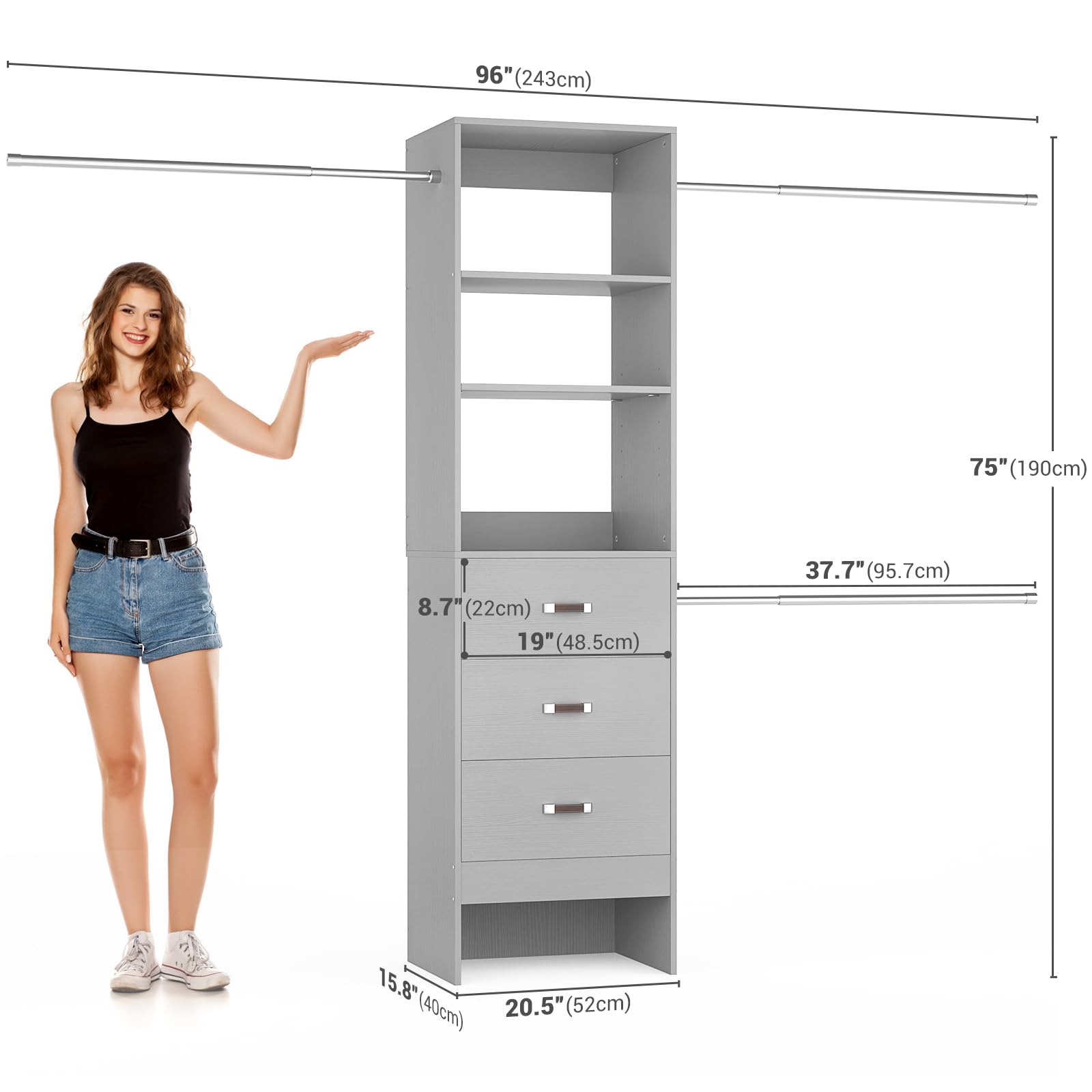 96'' Closet Organizer System with 3 Hanging Rods