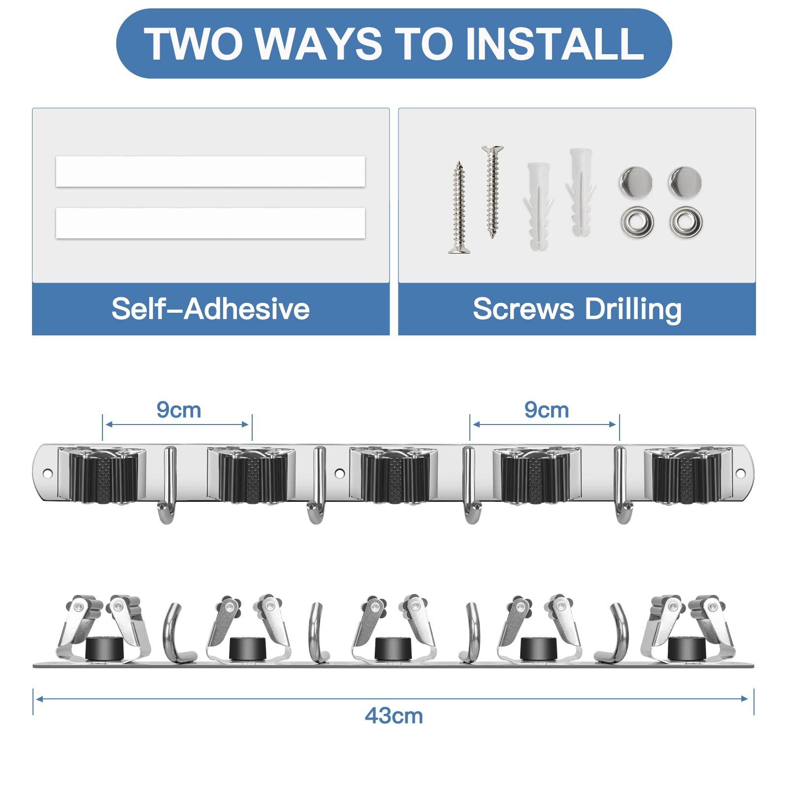 Broom Holder Wall Mount Stainless Steel Mop Organizer