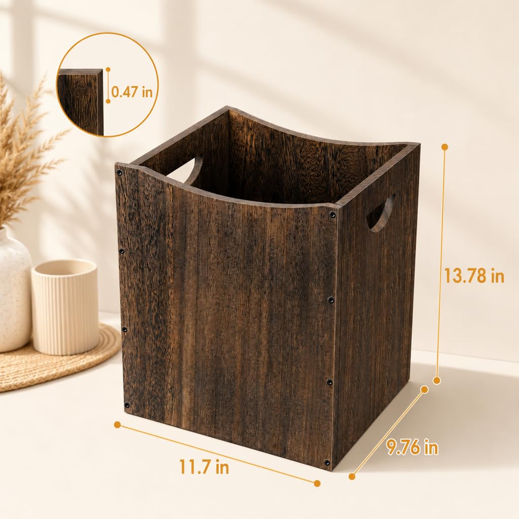 Wood Trash Can 5.3 Gallon Office Wastebasket Farmhouse Rectangular Garbage Can with Built