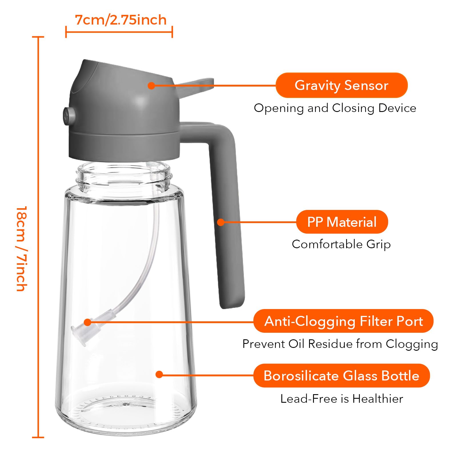 16 oz 2-in-1 Glass Olive Oil Sprayer for Cooking, Grey