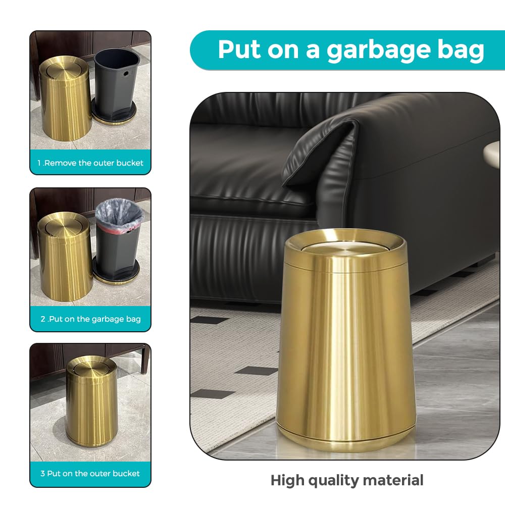 8L 2.1Gal Gold Brushed Stainless Steel Trash Can with Swing Cover