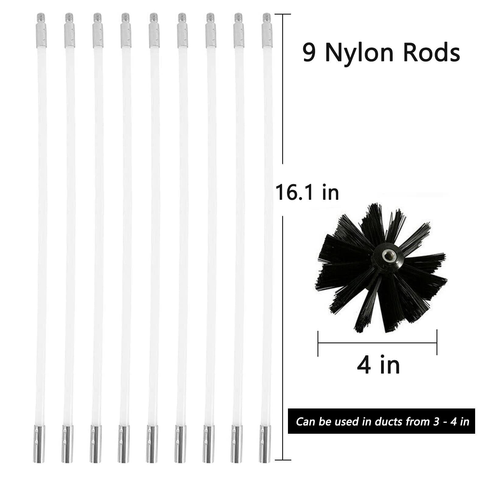 12 Feet Stove Pipe Clean Brush Extension Rods Flexible Fireplace Chimney Brush Stove Pipe Brush Rod Rotary Air Duct Dryer Vent Cleaner Rods Flue Brush Chimney Sweep Kit with Brush Head (10 Count)