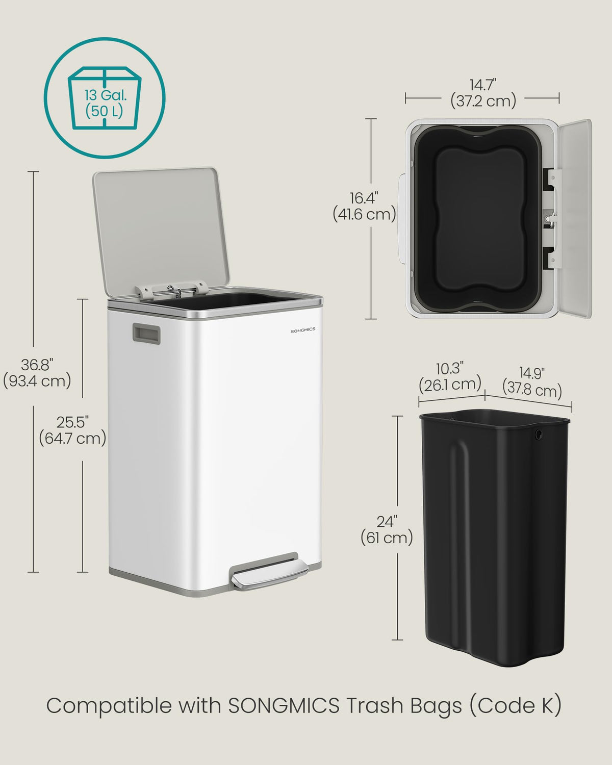 Trash Can, 13-Gallon, Steel, Soft-Close Lid