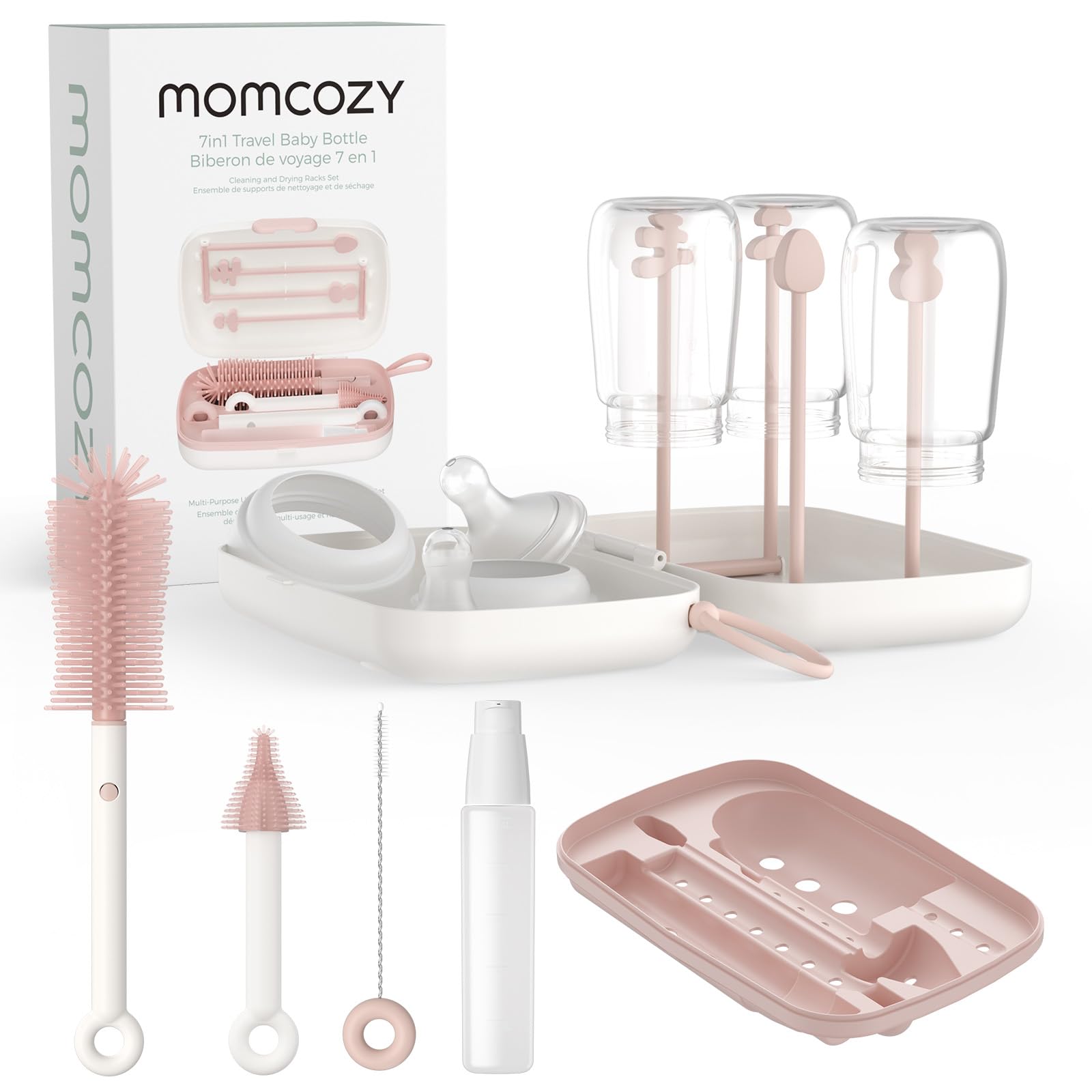7-in-1 Baby Bottle Brush Set with Drying Rack, Pink - ModHome Supplies