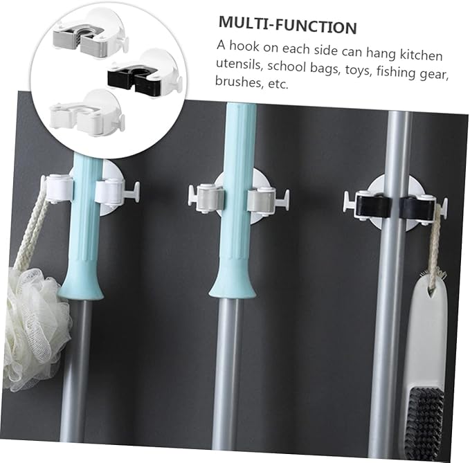 3Pcs Wall Mounted Broom Mop Holder No Drill Sundries Organizer with Adhesive Hooks Heavy Duty TPR Design for Bathroom Kitchen Garage and Living Storage