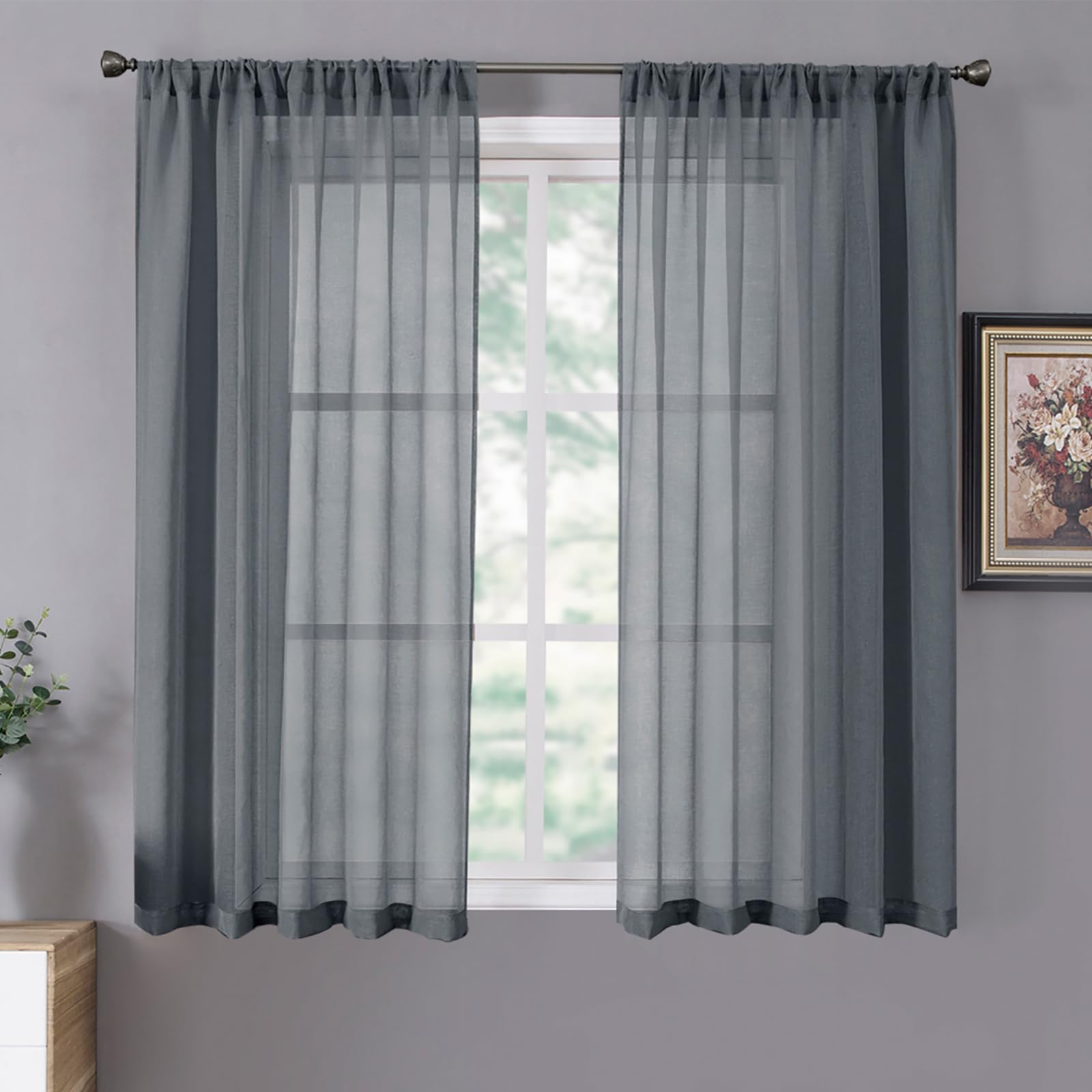 Sheer Curtains Linen Textured Bedroom Curtain Sheers Light Filtering Rod Pocket Voile Curtains for Living Room (2 Count)