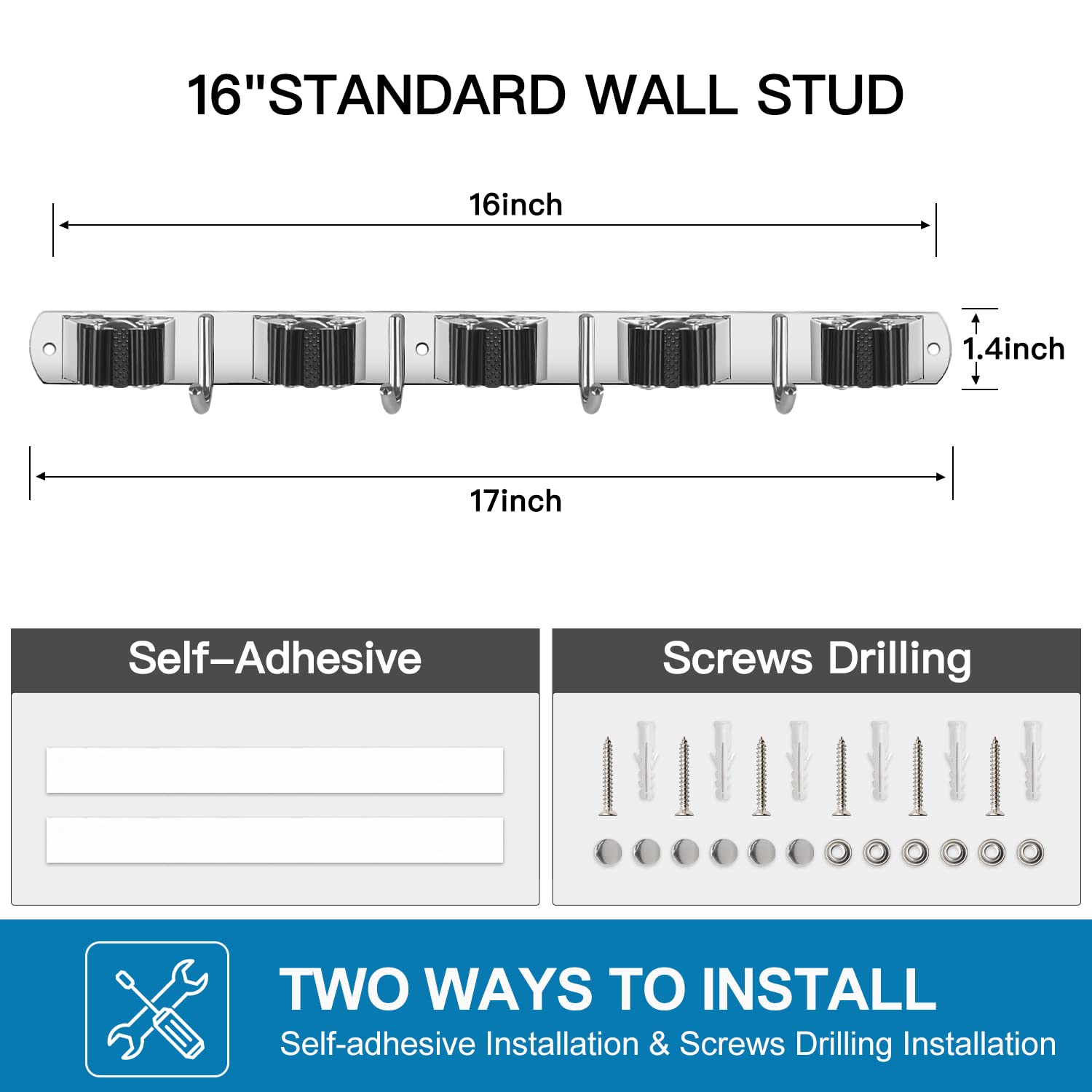 2 Pack Broom Holder Wall Mount Stainless Steel Mop Organizer (2 Count)