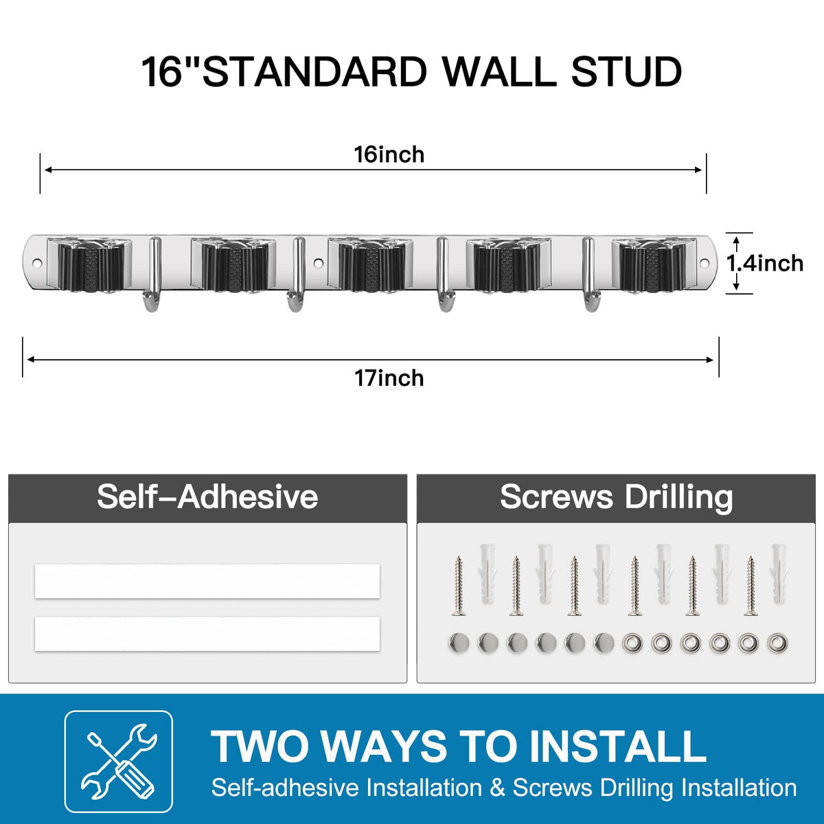 2 Pack Broom Holder Wall Mount Stainless Steel Mop Organizer (2 Count)