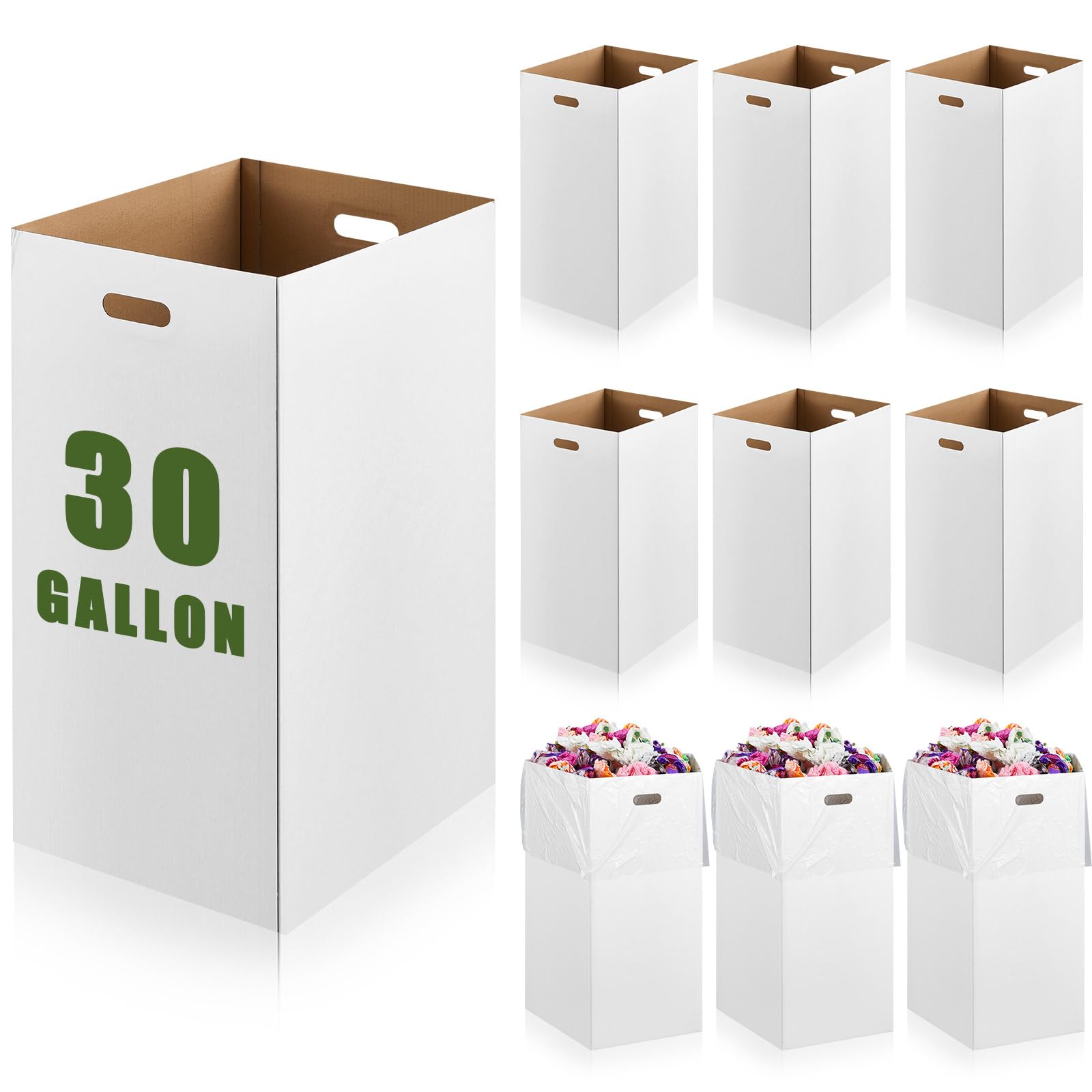 10 Pack 30 Gallon Corrugated Cardboard Trash Cans Bulk for Events Parties Disposable and Reusable Cans Bottle Recycling Bins with 20 Garbage Bags White Garbage Boxes for Outdoor Events (10 Count)