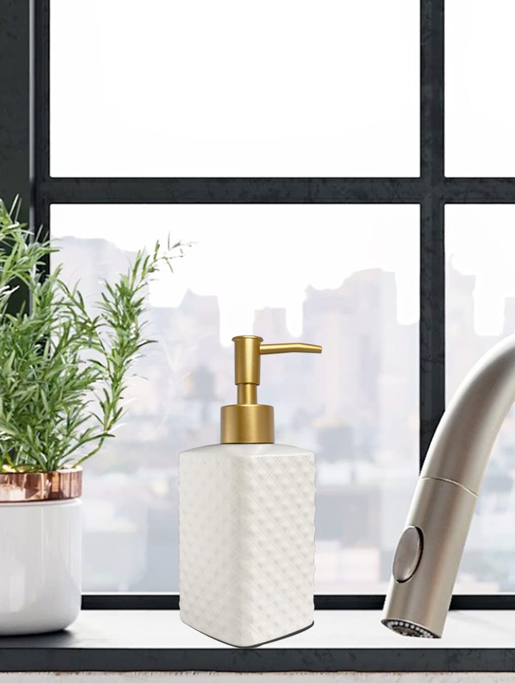 Chic Unique White Soap Dispenser for Bathroom with Golden Pump