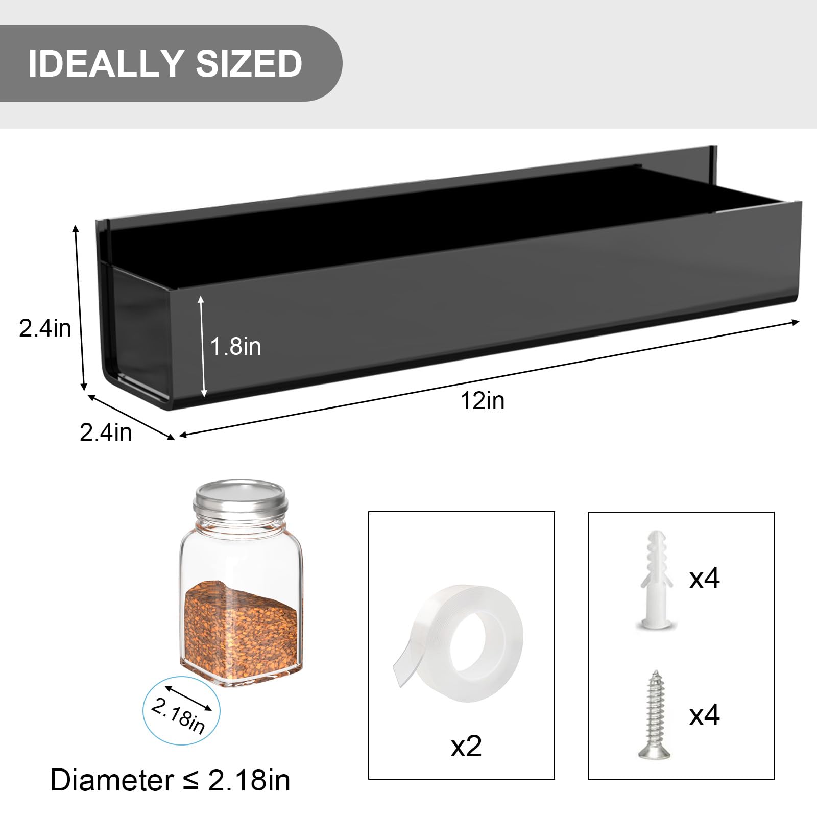 4 Pack Black Acrylic Spice Rack Organizers for Cabinet Doors