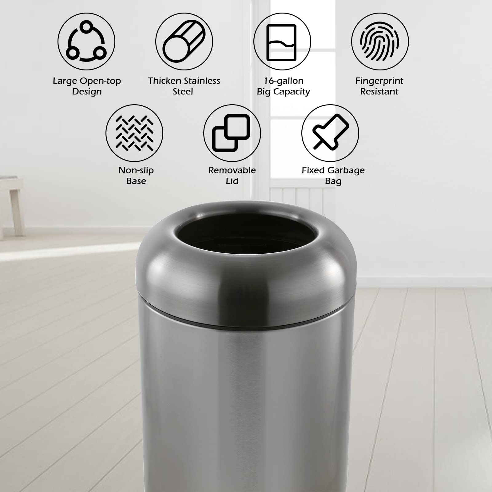 Large Trash Can Commercial Stainless Steel Garbage Can with Lid