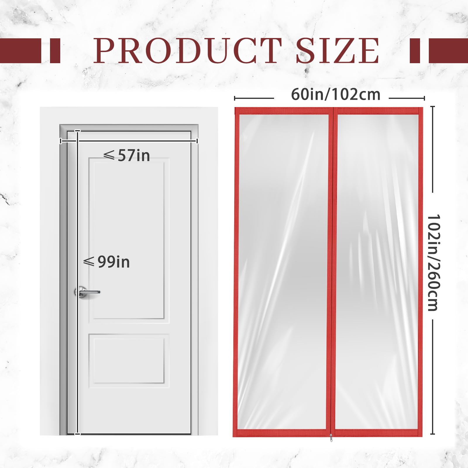 Zipper 60 x 102 Inch Dust Barrier Kit Red Edged Temporary Construction Door Barrier 5 x 8.5 ft Reusable Plastic Curtain Cover Containment Doorway Wall Screen Sheeting for Bathroom Hallway