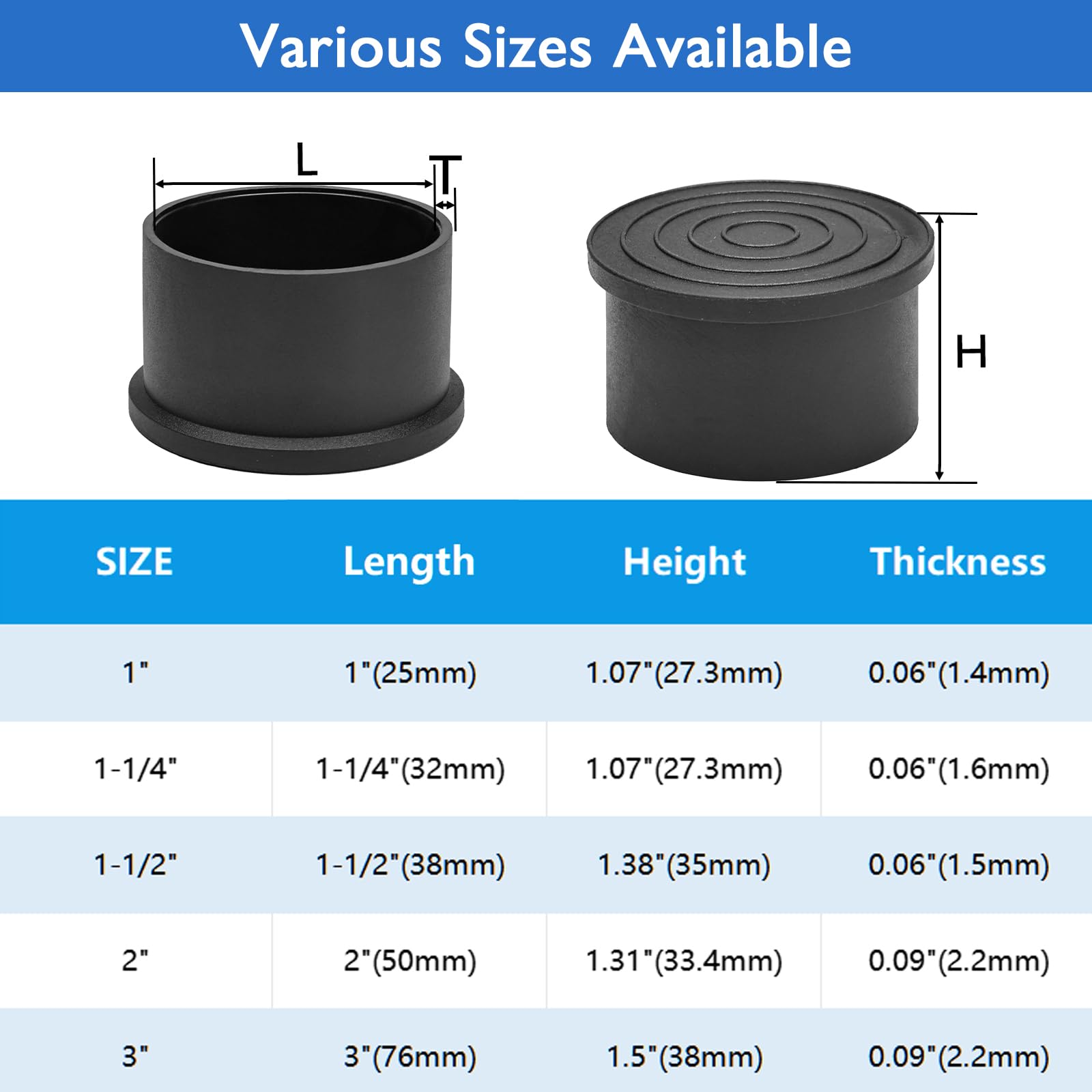4 Pcs 1-1/4" Black Round Rubber Chair Leg Caps (4 Count)